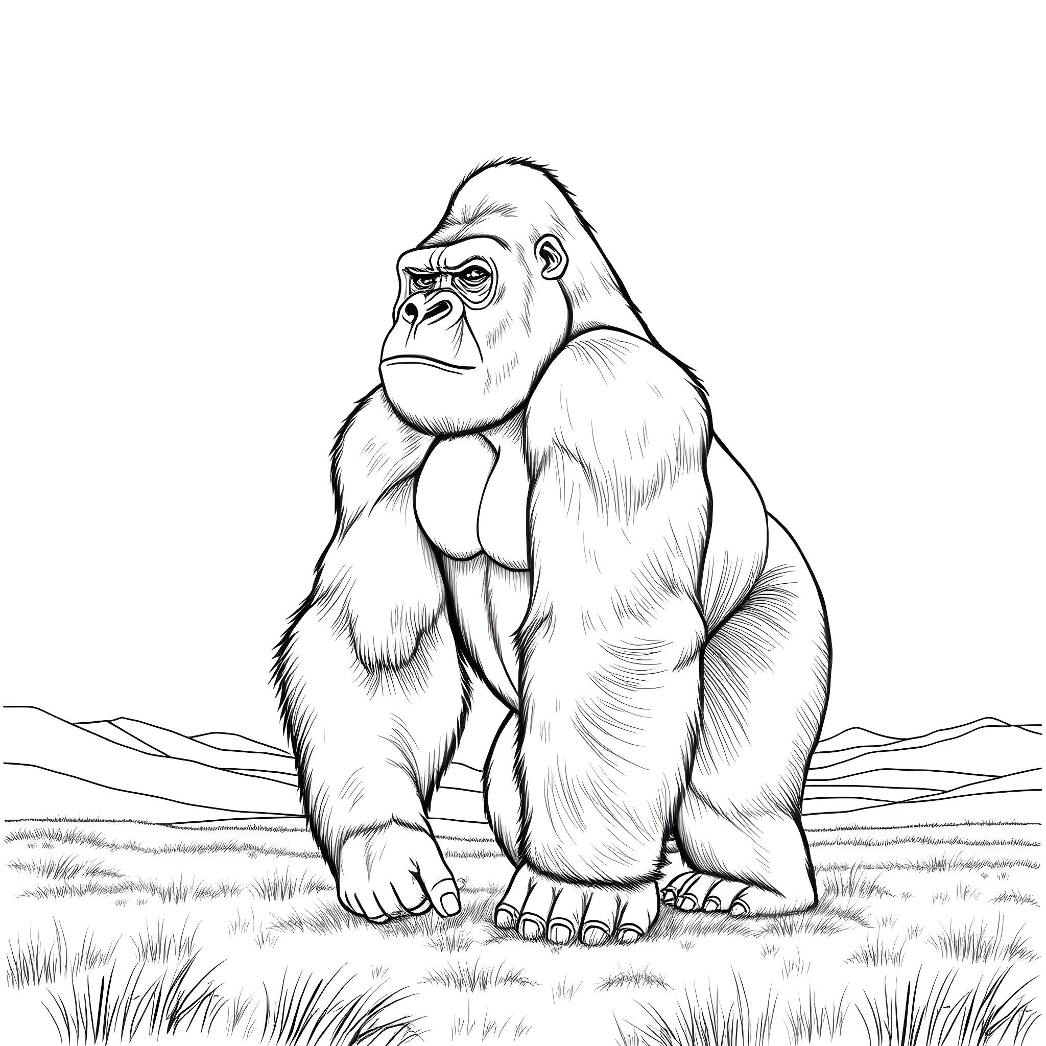 Gorilla standing tall in natural setting Coloring Page (free black-and-white line drawing printable PDF for all, from beginners to advanced learners, including children, teens, adults, and seniors)