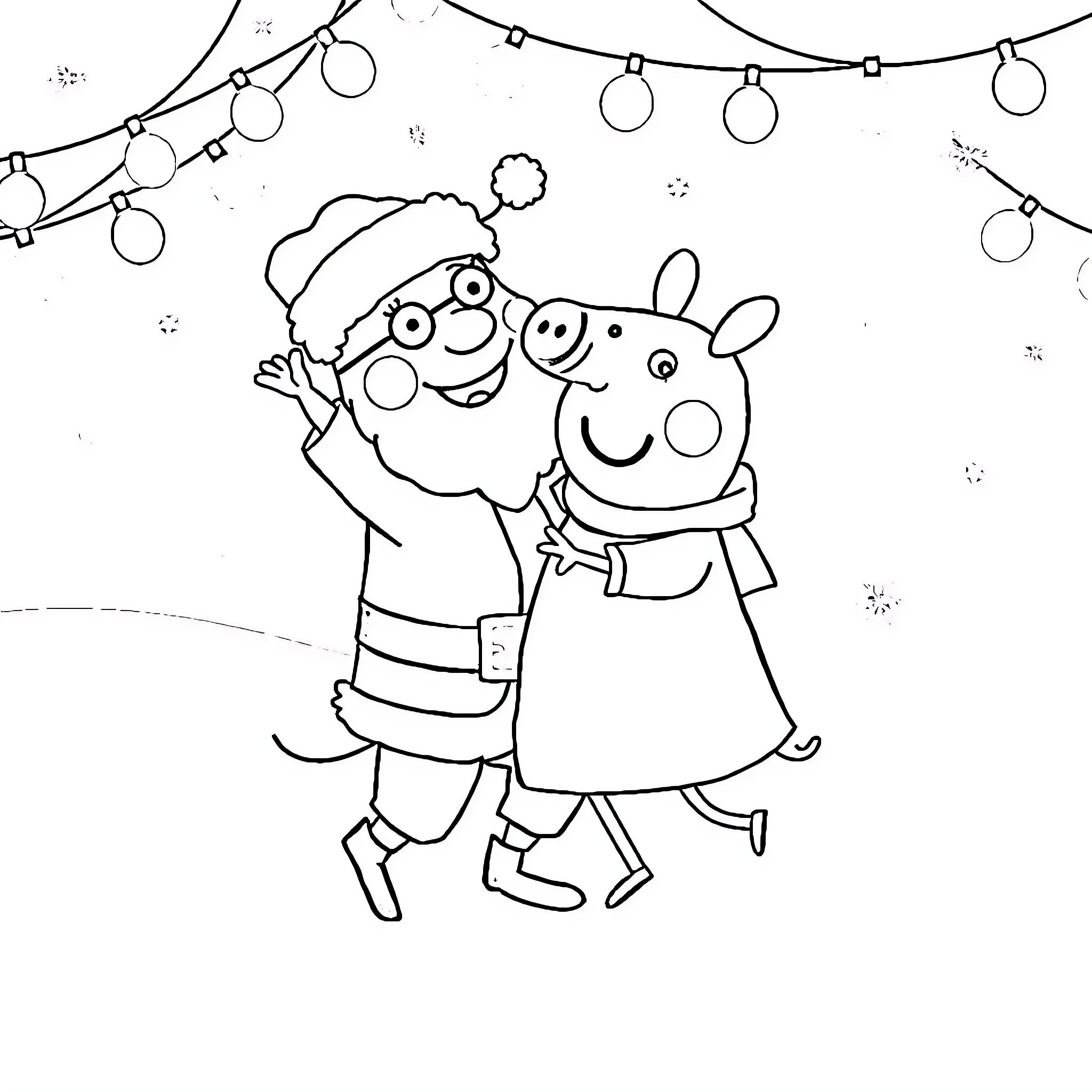 Peppa Pig and friend dancing under festive lights Coloring Page (free black-and-white line drawing printable PDF for all, from beginners to advanced learners, including children, teens, adults, and seniors)
