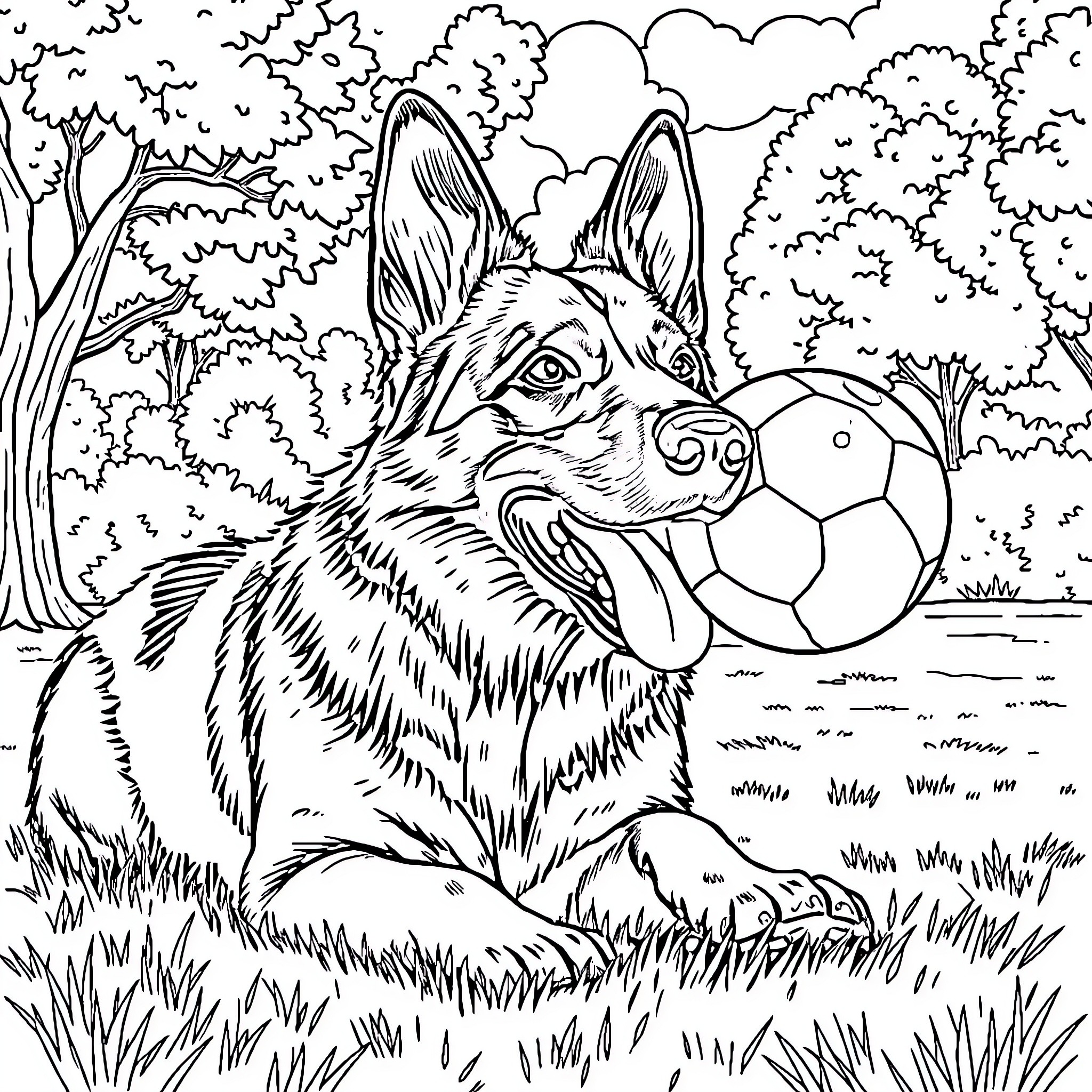 German Shepherd Playing with Soccer Ball in Nature Coloring Page (free black-and-white line drawing printable PDF for all, from beginners to advanced learners, including children, teens, adults, and seniors)