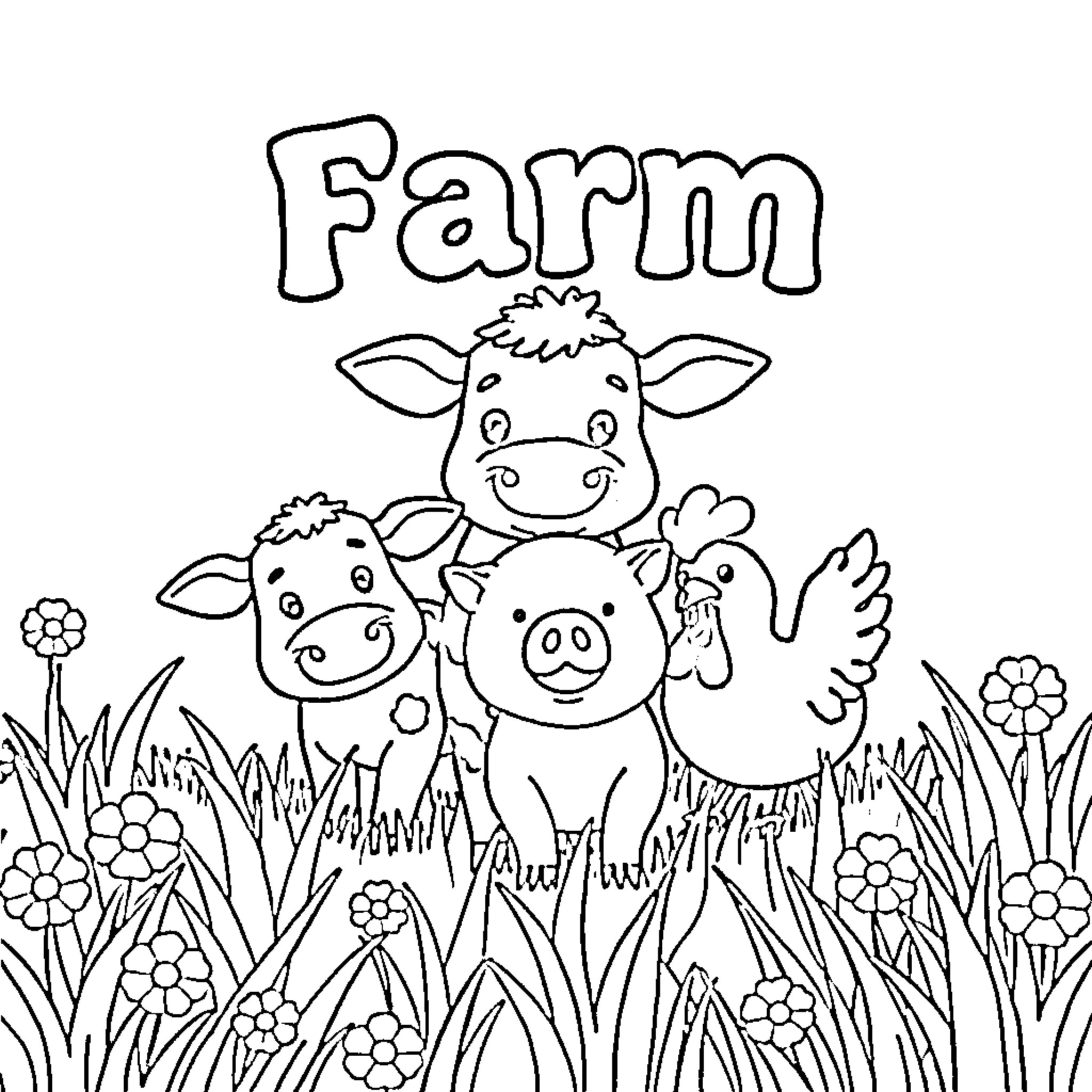 Farm Animals Happily Playing in a Grassy Field Coloring Page (free black-and-white line drawing printable PDF for all, from beginners to advanced learners, including children, teens, adults, and seniors)