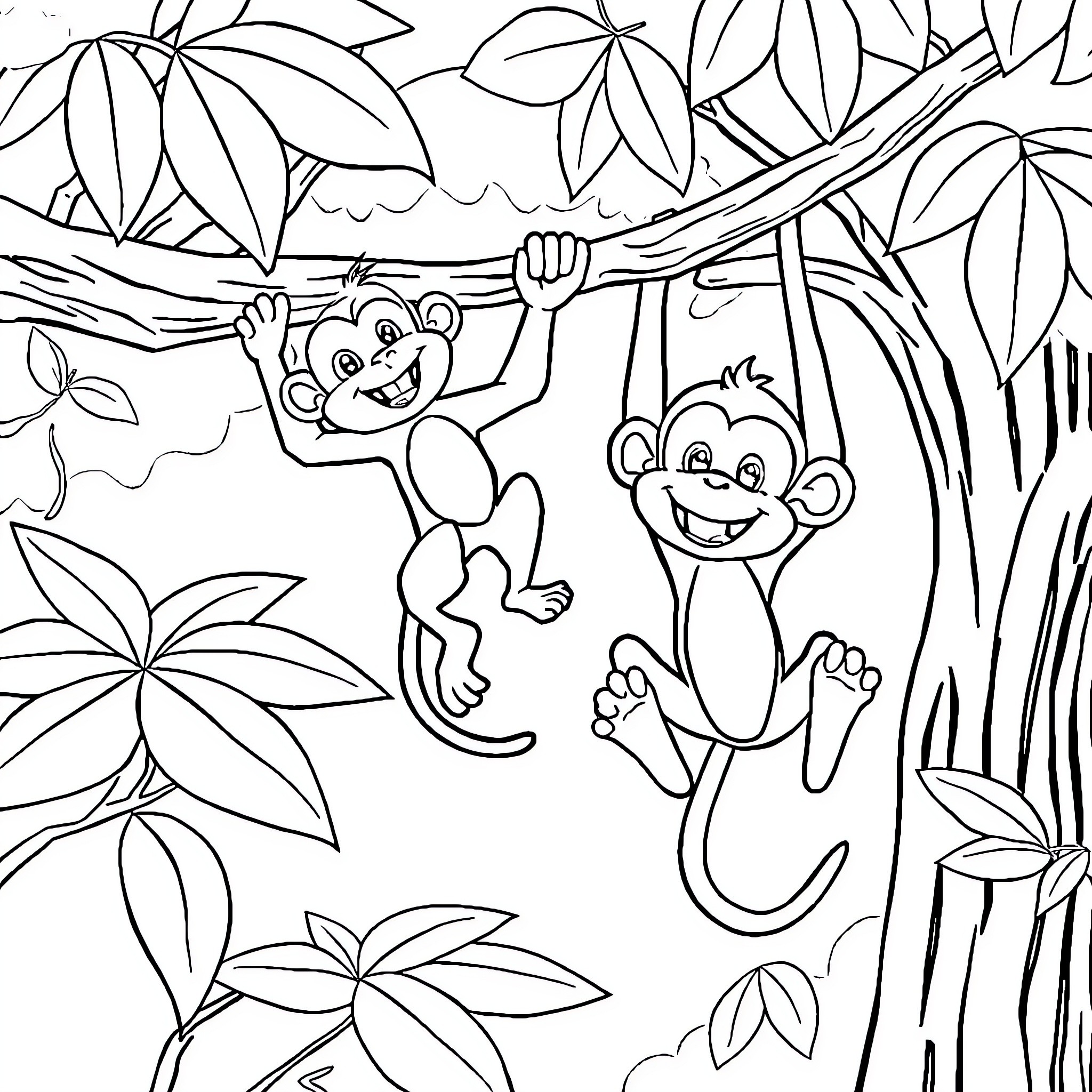 Monkeys playing joyfully in the jungle Coloring Page (free black-and-white line drawing printable PDF for all, from beginners to advanced learners, including children, teens, adults, and seniors)