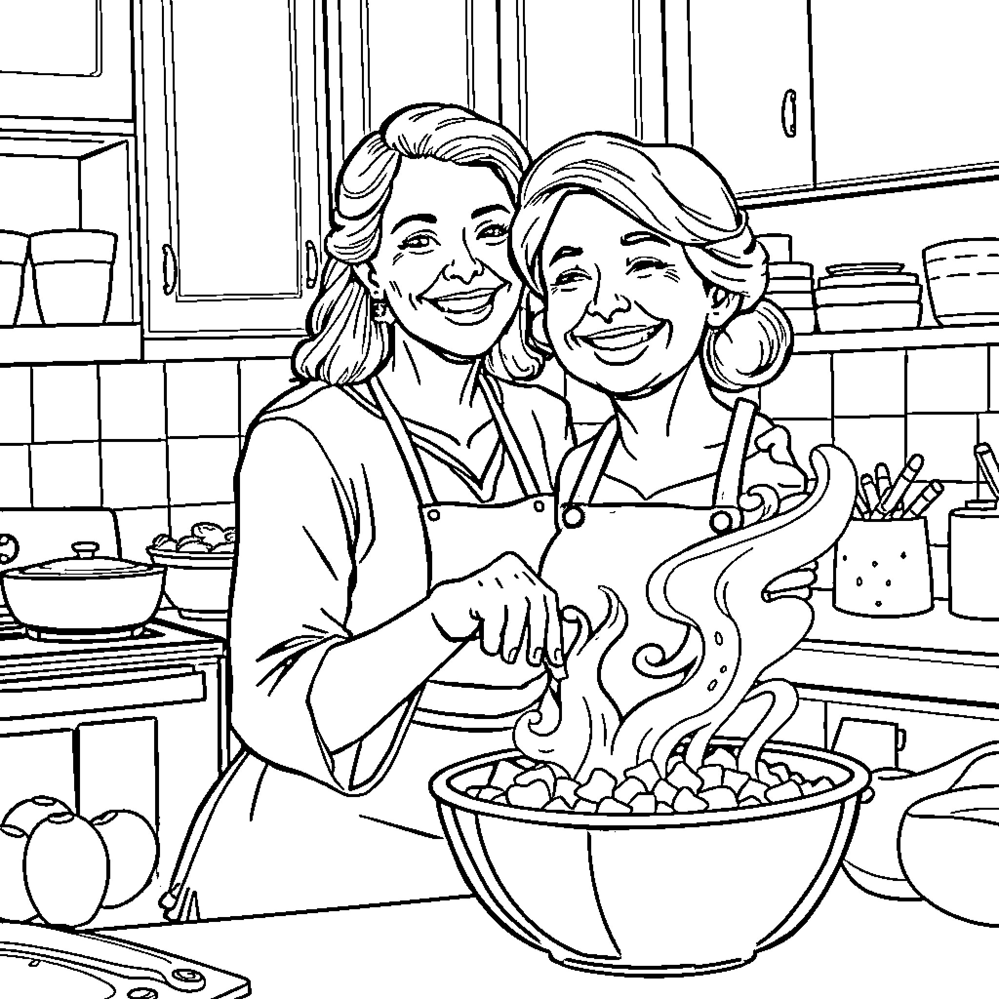 Mother and daughter cooking a warm meal together Coloring Page (free black-and-white line drawing printable PDF for all, from beginners to advanced learners, including children, teens, adults, and seniors)