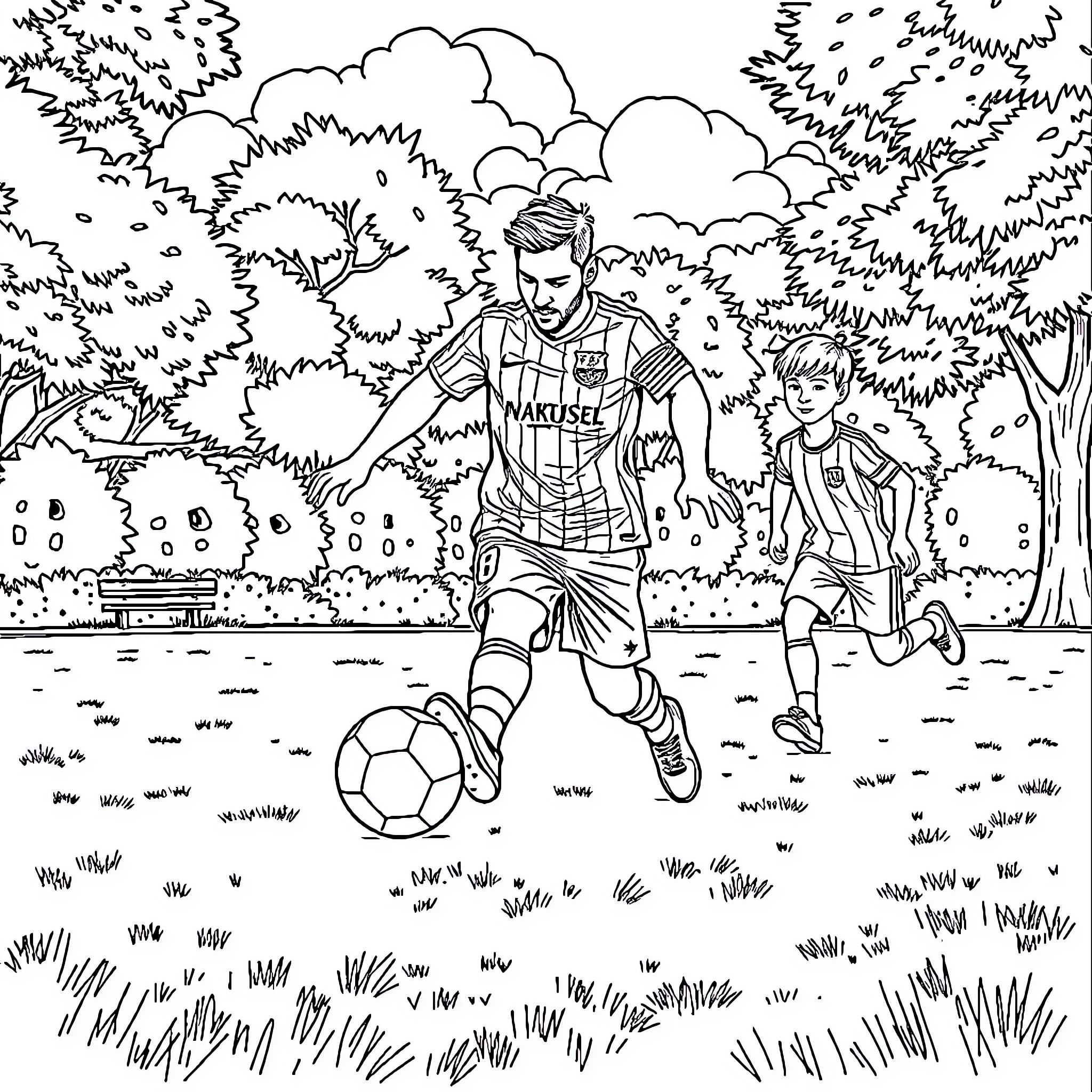 Lionel Messi playing football with a young boy on the field Coloring Page (free black-and-white line drawing printable PDF for all, from beginners to advanced learners, including children, teens, adults, and seniors)