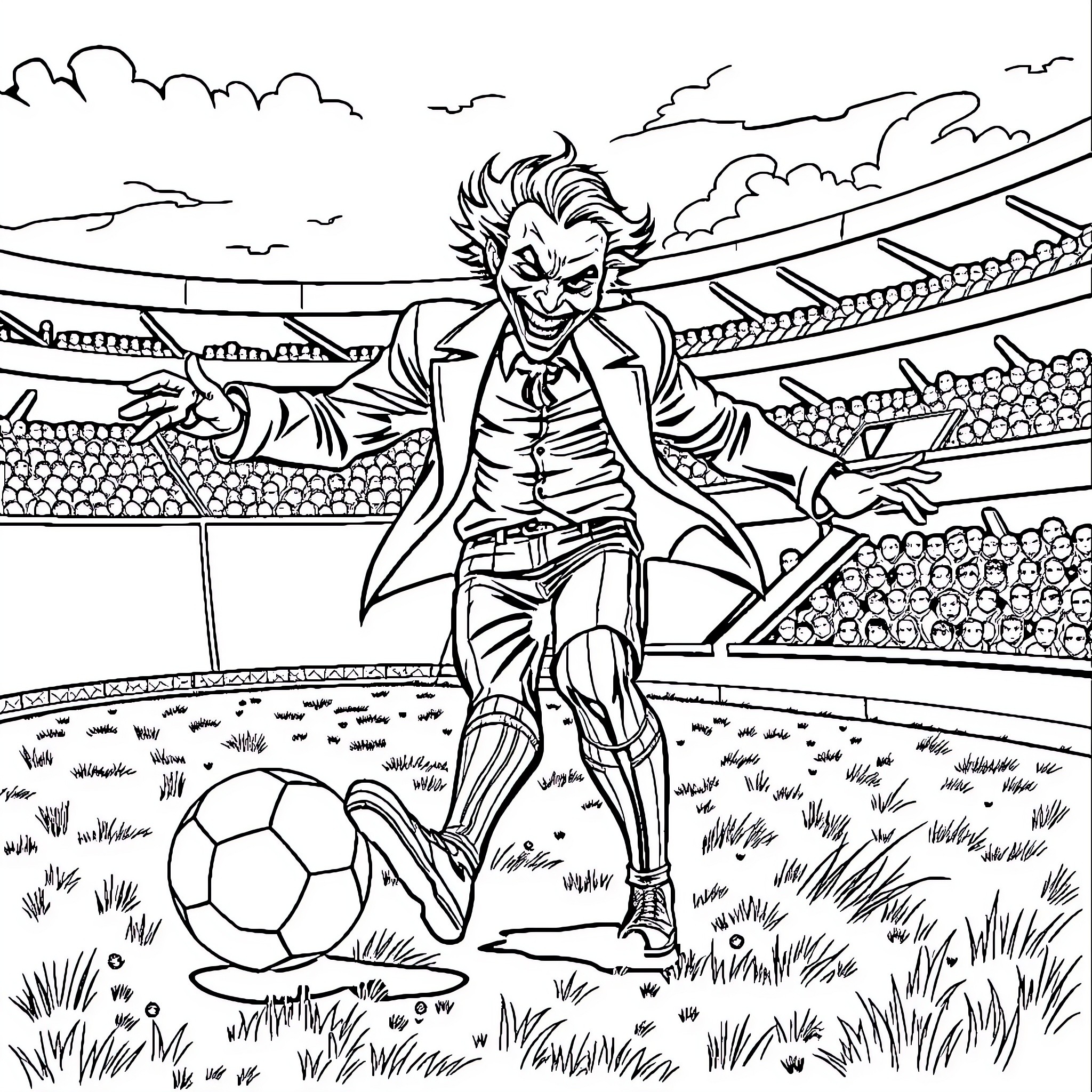 Joker playing soccer in the stadium Coloring Page (free black-and-white line drawing printable PDF for all, from beginners to advanced learners, including children, teens, adults, and seniors)