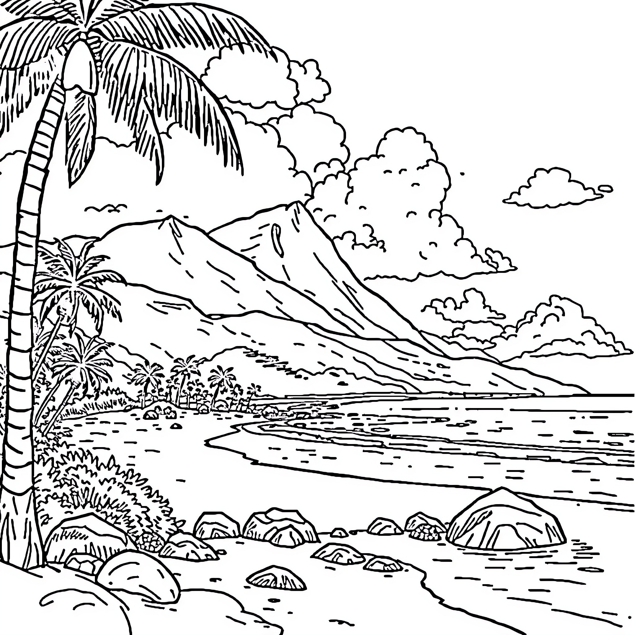 Guam coastal landscape with palm trees and mountains Coloring Page (free black-and-white line drawing printable PDF for all, from beginners to advanced learners, including children, teens, adults, and seniors)