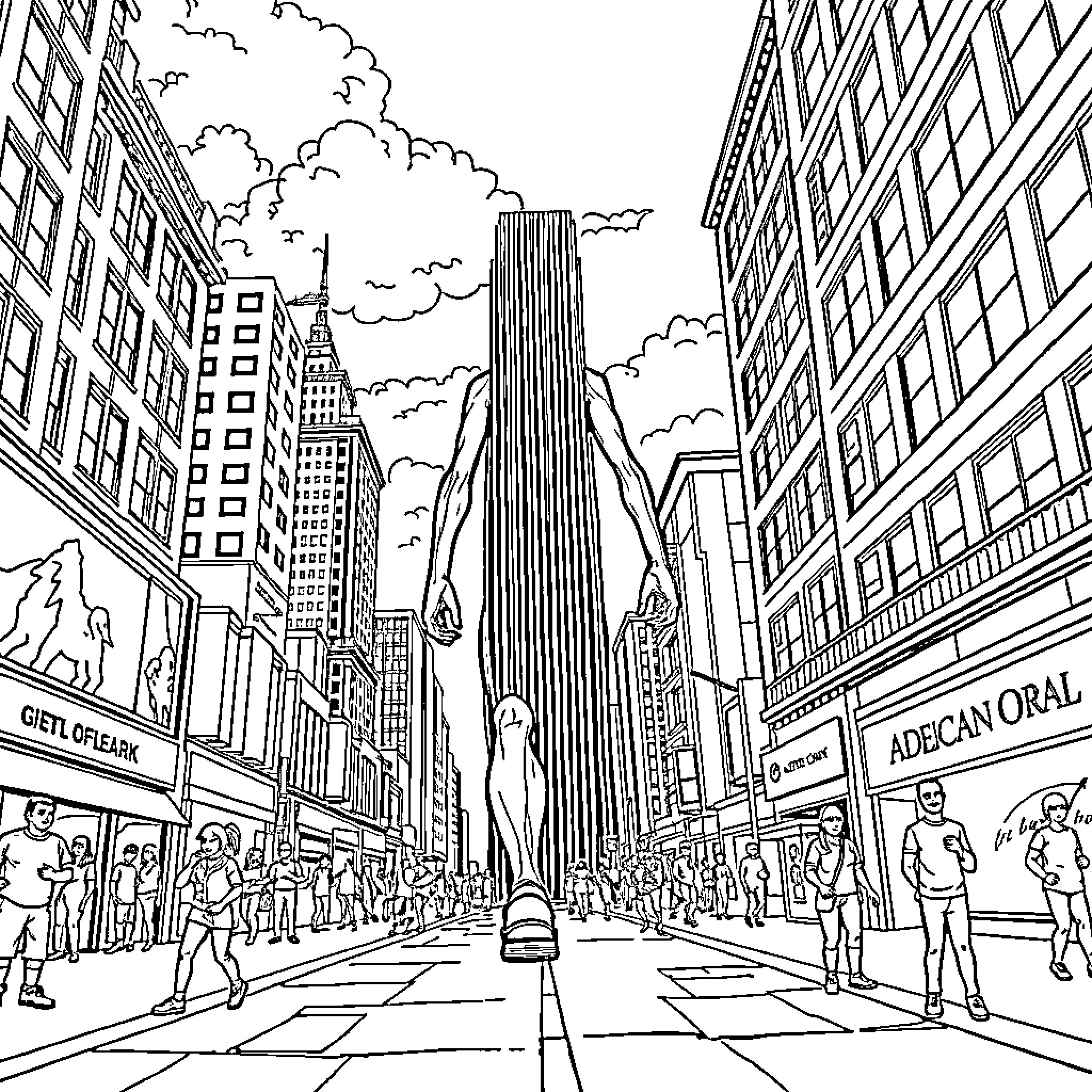 Giantess overlooks bustling cityscape with skyscrapers Coloring Page (free black-and-white line drawing printable PDF for all, from beginners to advanced learners, including children, teens, adults, and seniors)