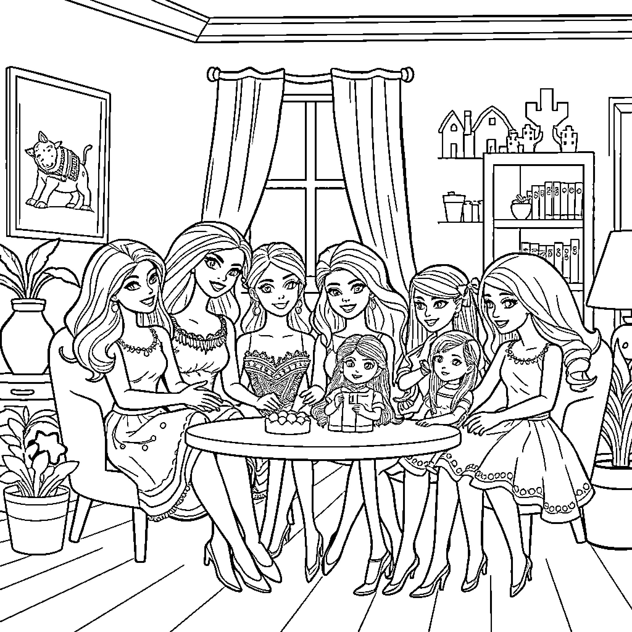 Barbie and friends having a tea party Coloring Page (free black-and-white line drawing printable PDF for all, from beginners to advanced learners, including children, teens, adults, and seniors)