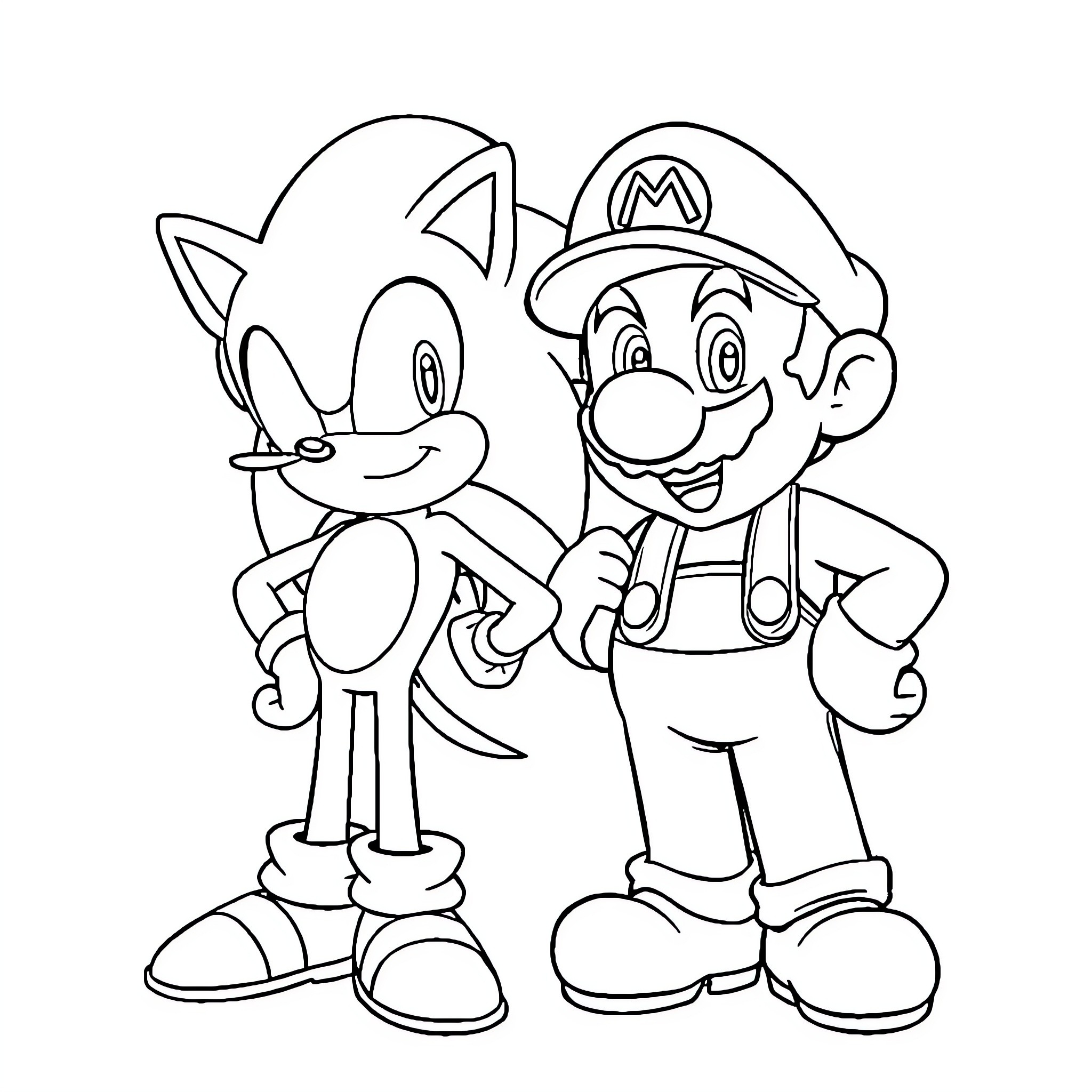 Mario and Sonic enjoying a friendly adventure Coloring Page (free black-and-white line drawing printable PDF for all, from beginners to advanced learners, including children, teens, adults, and seniors)