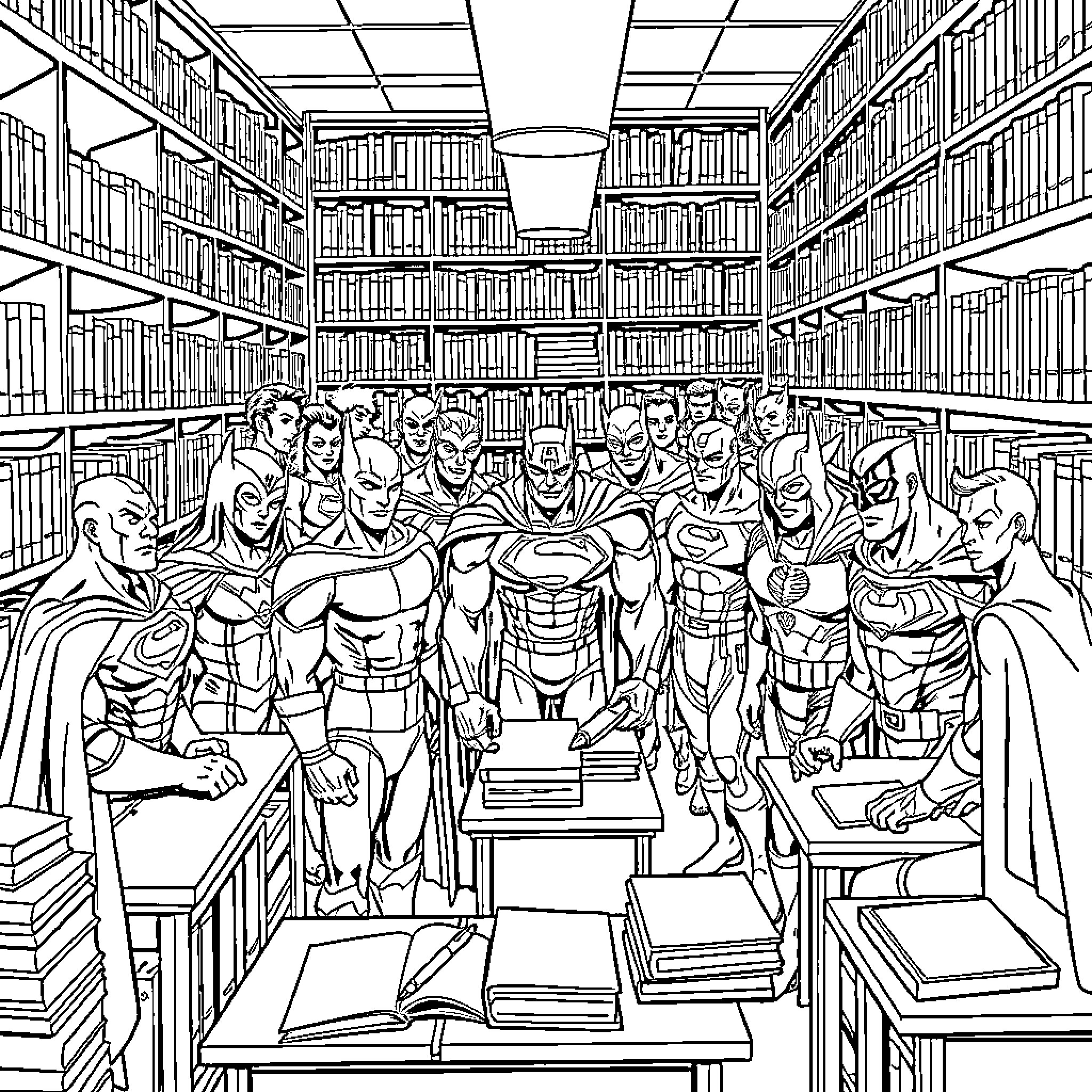 Superhero Council in the Library Coloring Page (free black-and-white line drawing printable PDF for all, from beginners to advanced learners, including children, teens, adults, and seniors)