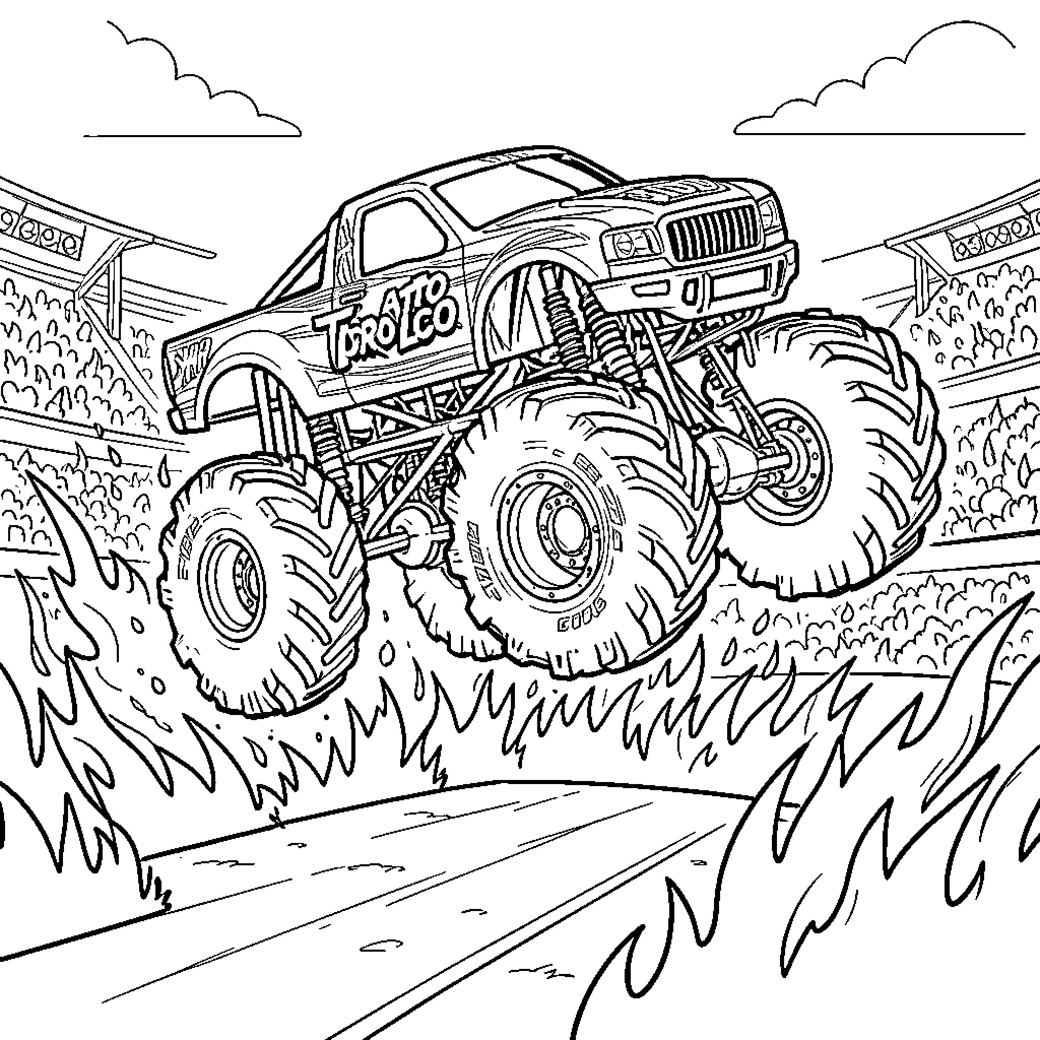 Monster Truck Crushing through Rugged Terrain Coloring Page (free black-and-white line drawing printable PDF for all, from beginners to advanced learners, including children, teens, adults, and seniors)