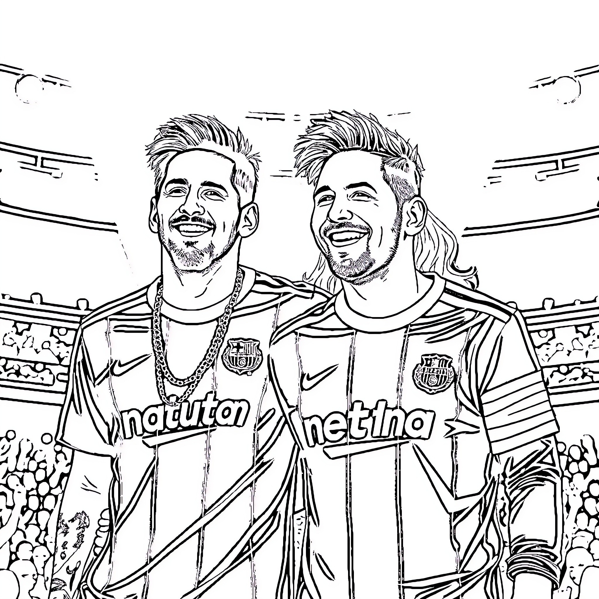 Messi and Neymar Posing Together in Soccer Uniforms Coloring Page (free black-and-white line drawing printable PDF for all, from beginners to advanced learners, including children, teens, adults, and seniors)