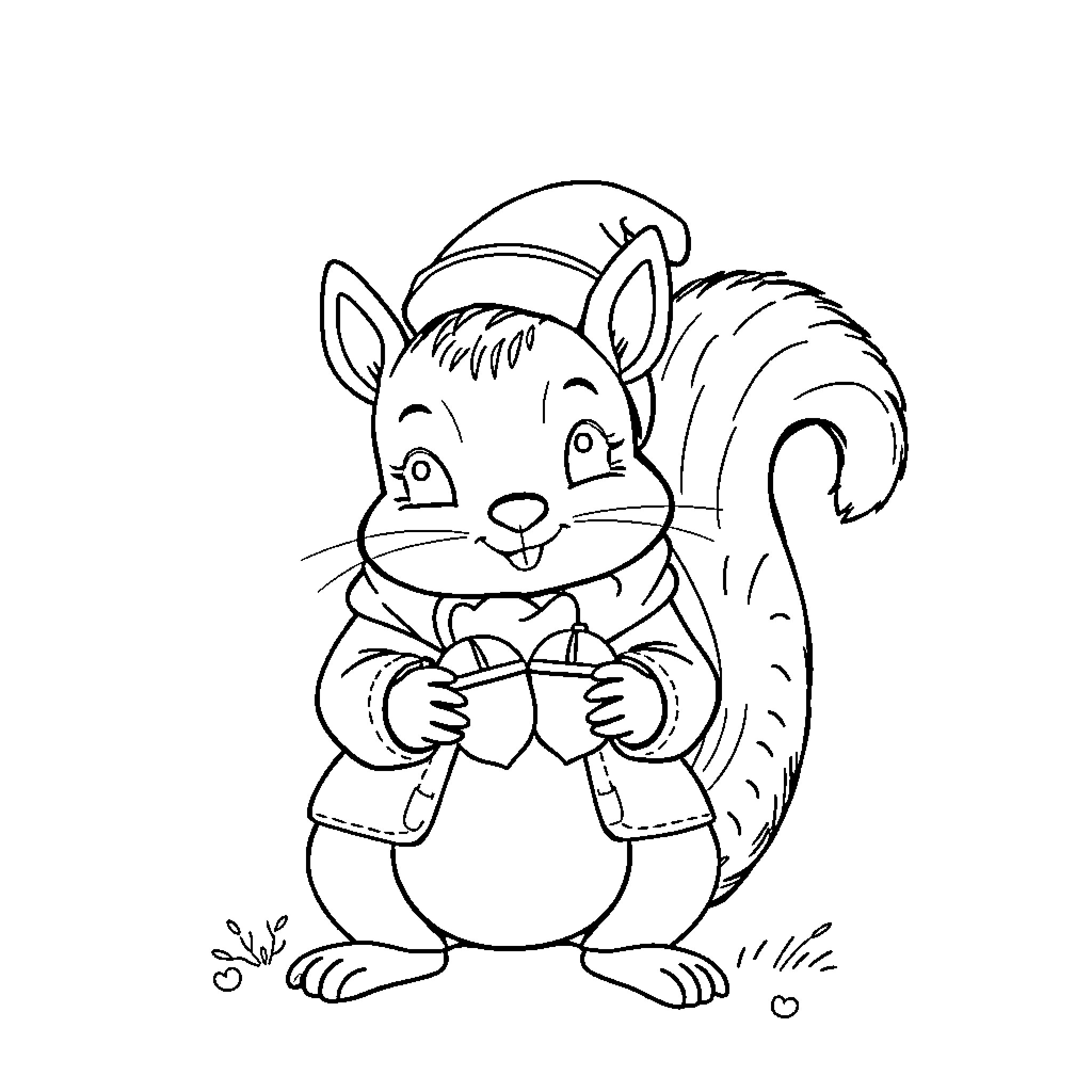 Squirrel in Suit Enjoying Snack Coloring Page (free black-and-white line drawing printable PDF for all, from beginners to advanced learners, including children, teens, adults, and seniors)