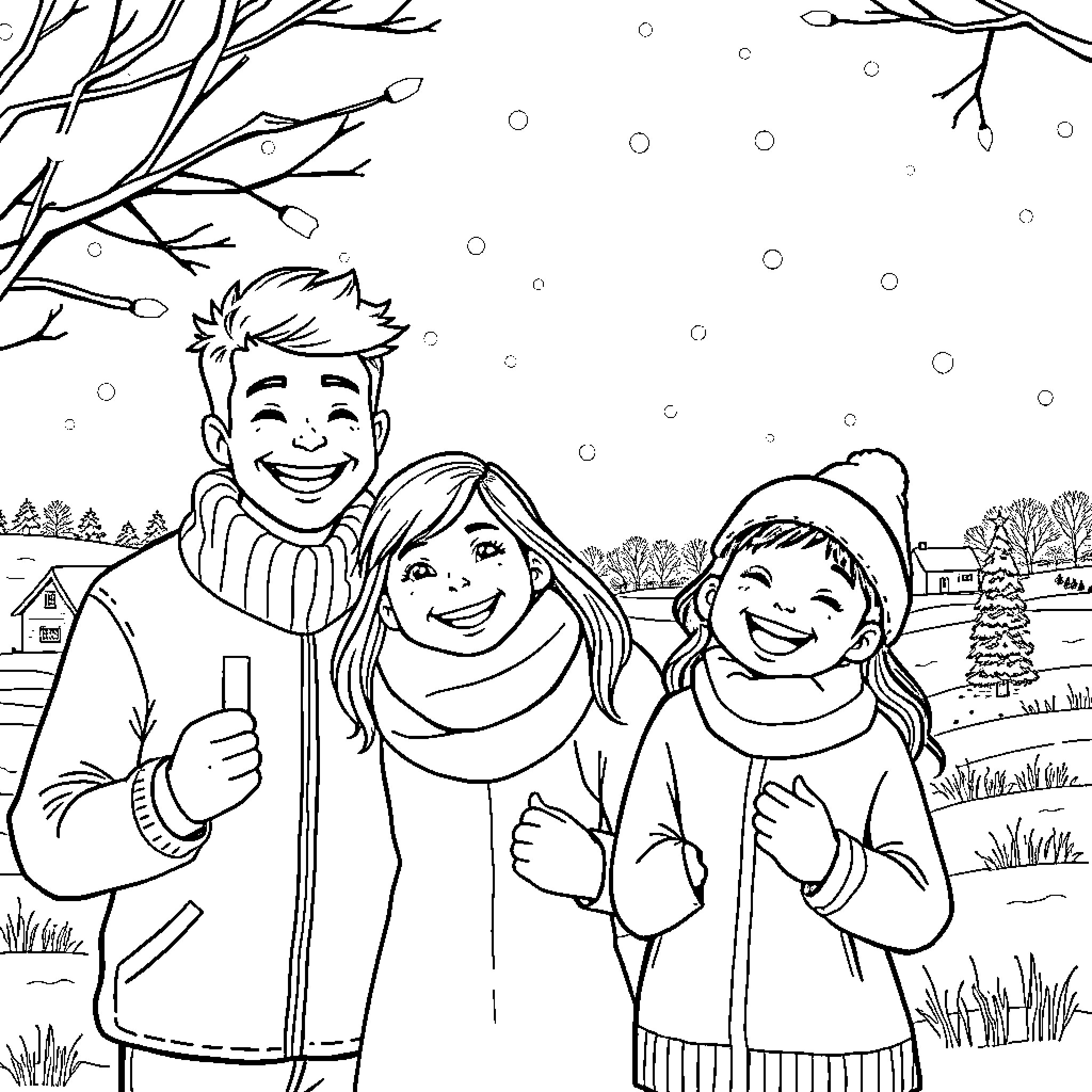 Family enjoying winter outdoor scene Coloring Page (free black-and-white line drawing printable PDF for all, from beginners to advanced learners, including children, teens, adults, and seniors)