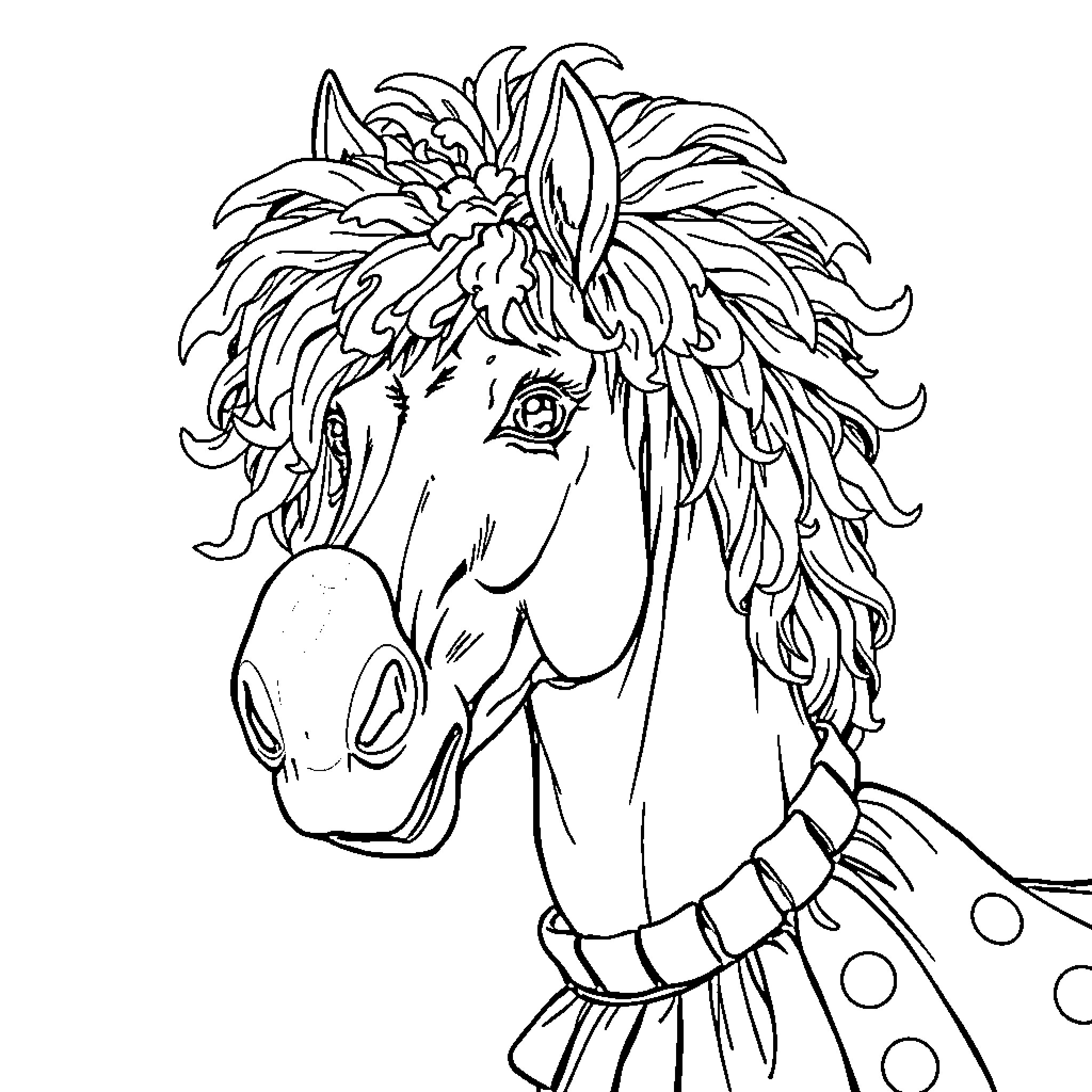 Horse with fanciful mane in festive attire Coloring Page (free black-and-white line drawing printable PDF for all, from beginners to advanced learners, including children, teens, adults, and seniors)
