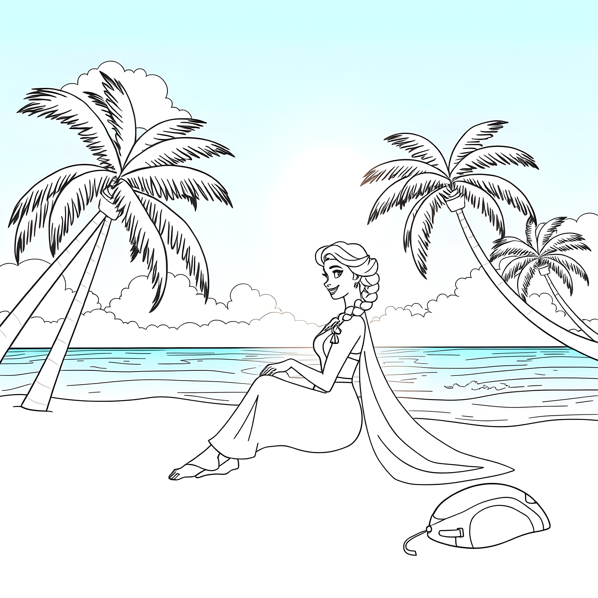 Elsa's Tropical Getaway Coloring Page (free black-and-white line drawing printable PDF for all, from beginners to advanced learners, including children, teens, adults, and seniors)