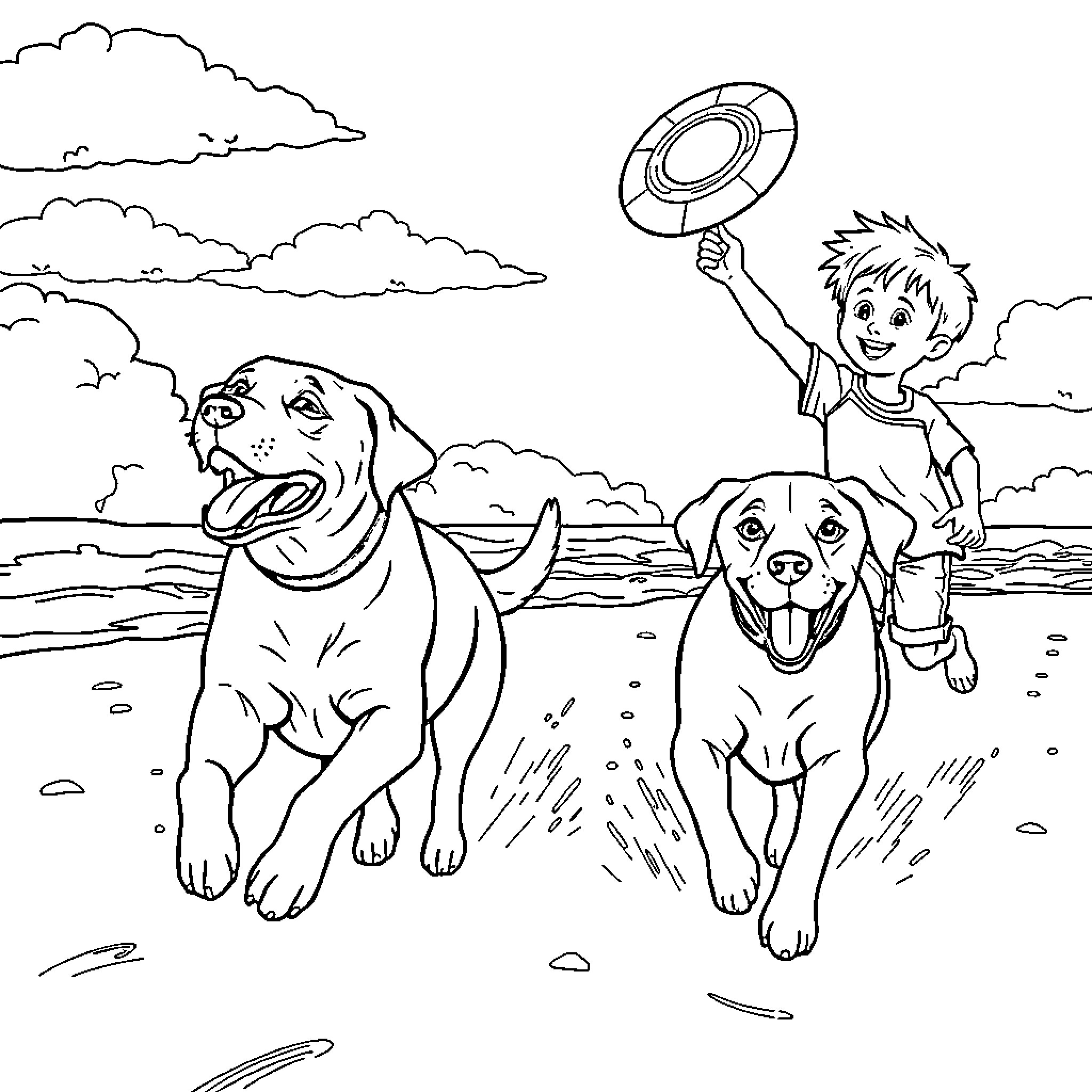 Labrador dogs playing fetch at the beach Coloring Page (free black-and-white line drawing printable PDF for all, from beginners to advanced learners, including children, teens, adults, and seniors)