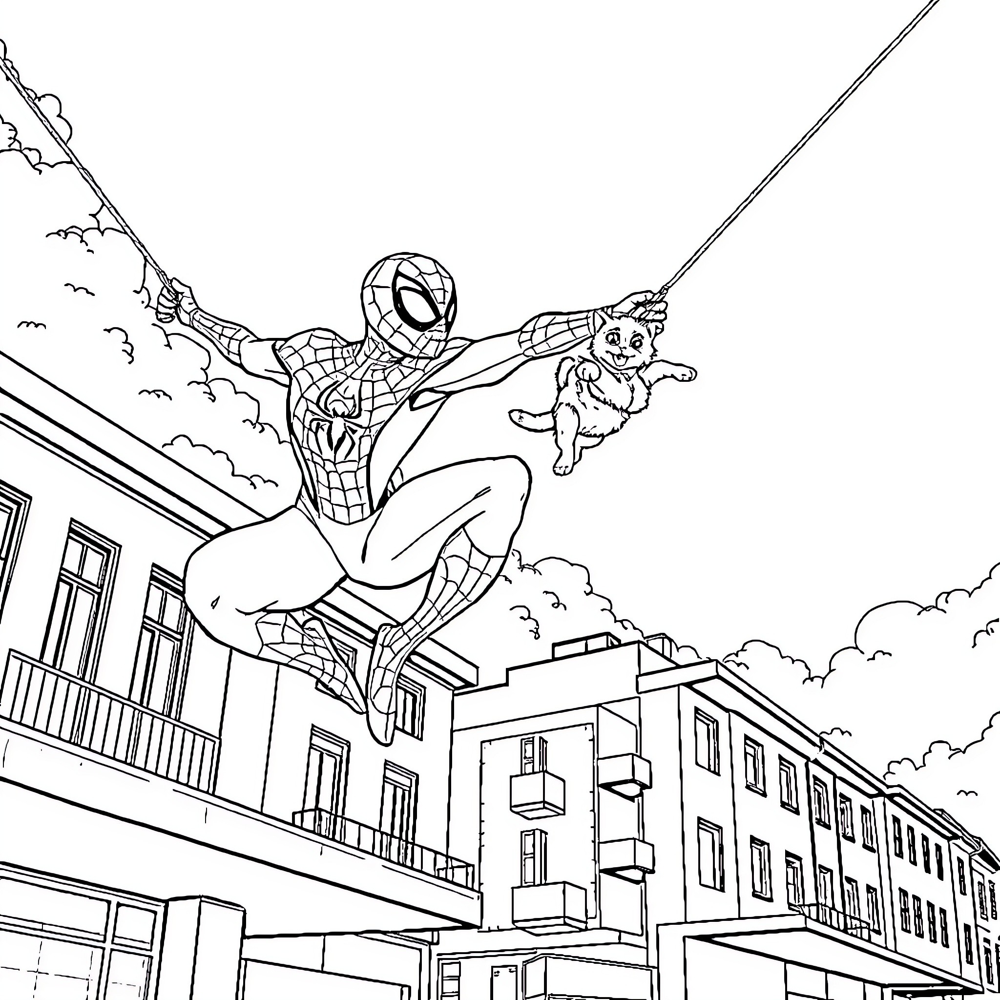 Spiderman rescuing a cat from a tall building Coloring Page (free black-and-white line drawing printable PDF for all, from beginners to advanced learners, including children, teens, adults, and seniors)