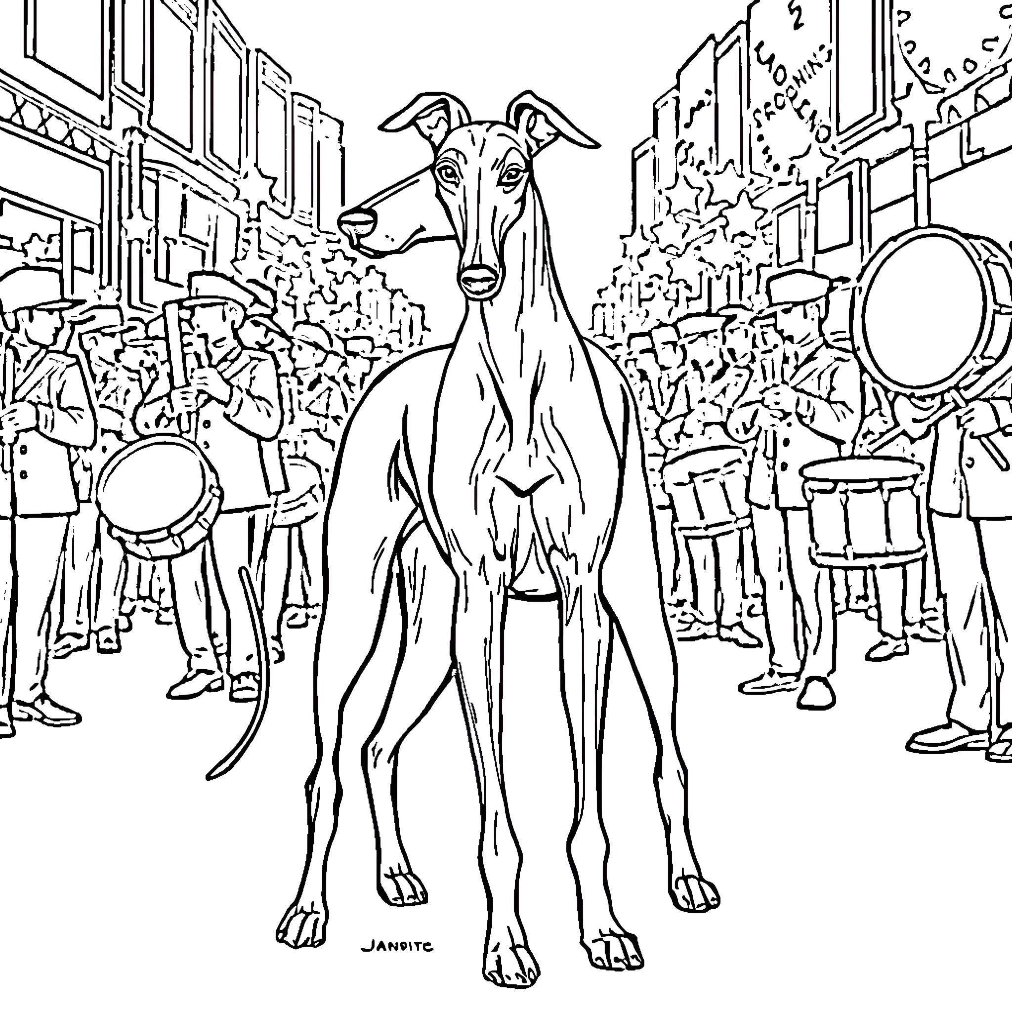 Greyhound in a lively city scene Coloring Page (free black-and-white line drawing printable PDF for all, from beginners to advanced learners, including children, teens, adults, and seniors)