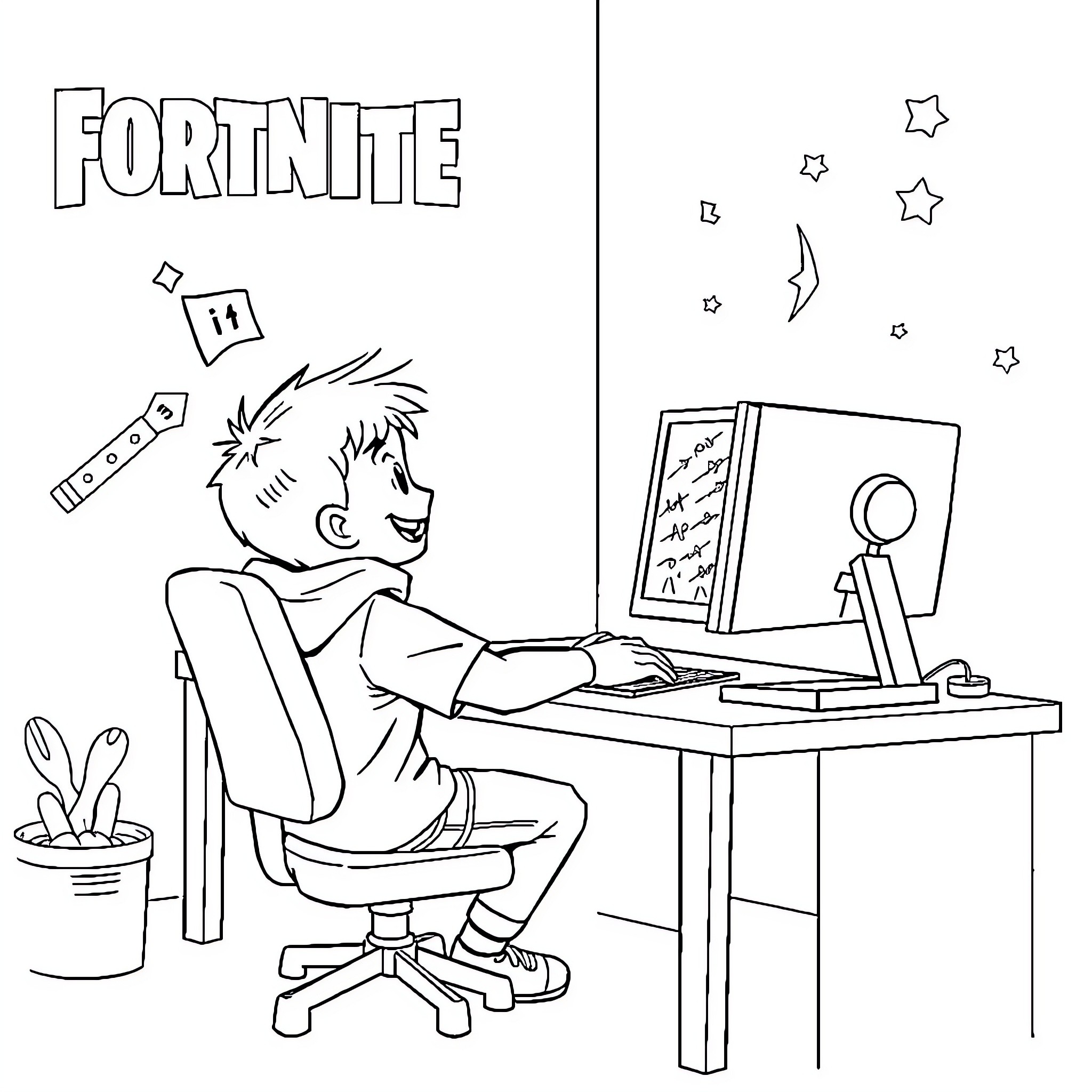 Kid playing video game on computer Coloring Page (free black-and-white line drawing printable PDF for all, from beginners to advanced learners, including children, teens, adults, and seniors)