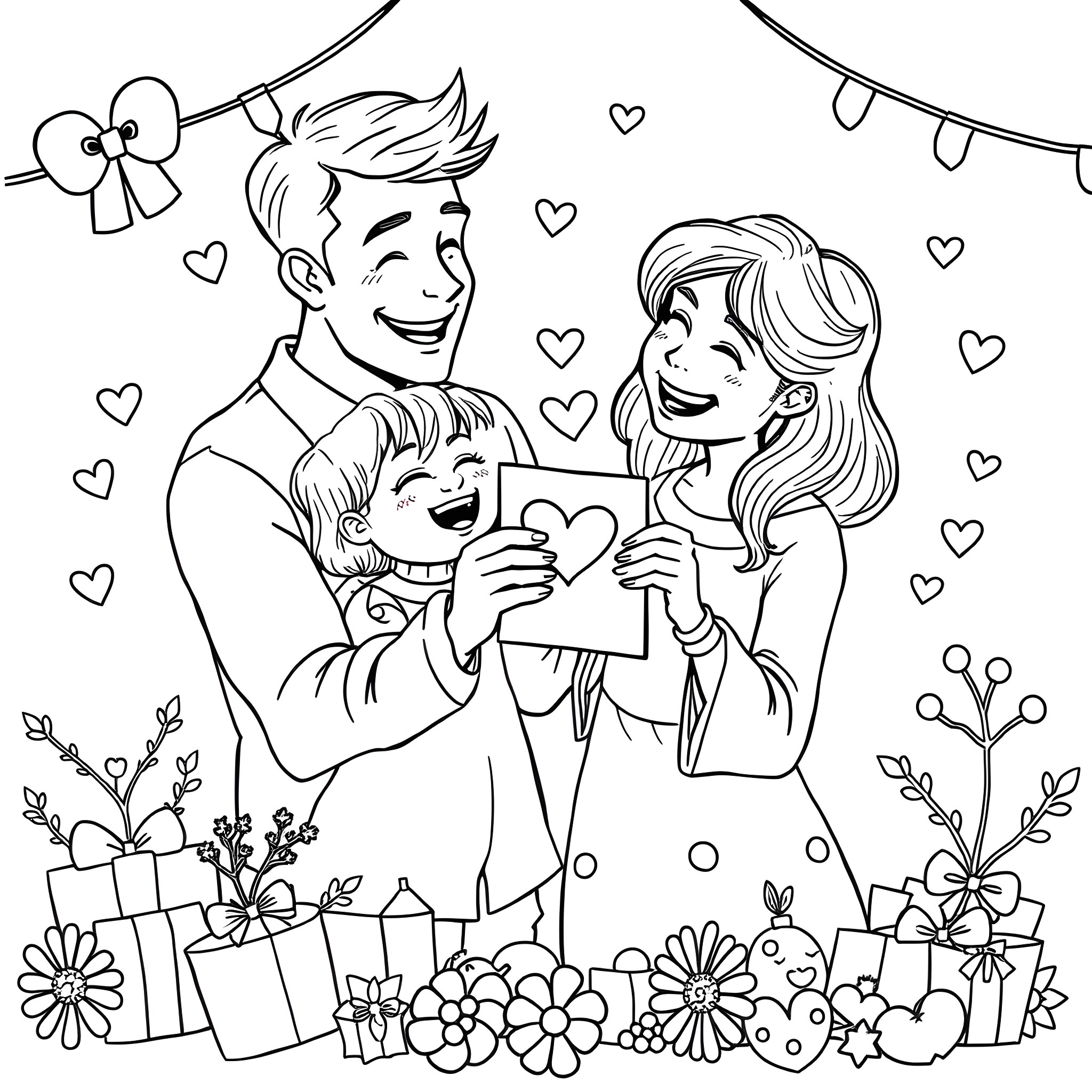 Father and daughter's joyful celebration with gifts and decorations Coloring Page (free black-and-white line drawing printable PDF for all, from beginners to advanced learners, including children, teens, adults, and seniors)