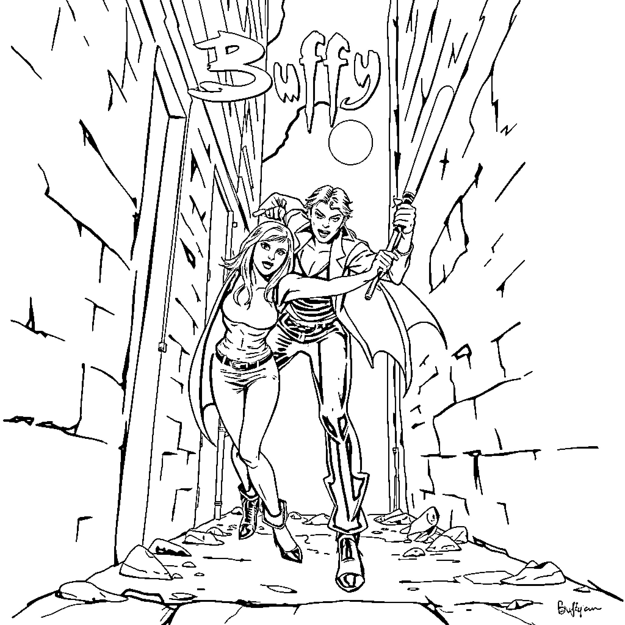 Buffy and companion face imminent danger Coloring Page (free black-and-white line drawing printable PDF for all, from beginners to advanced learners, including children, teens, adults, and seniors)