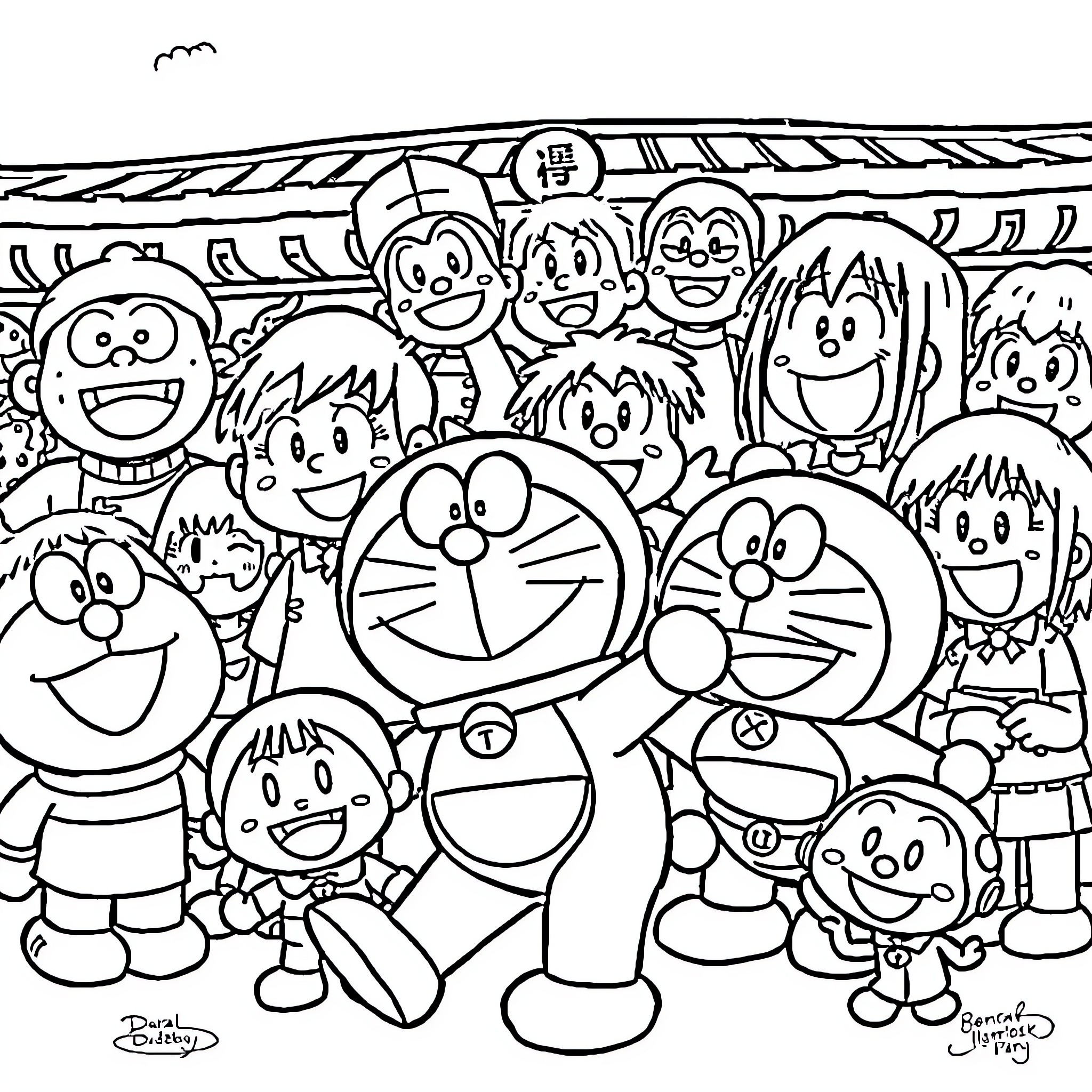 Doraemon and friends gathered for a lively celebration Coloring Page (free black-and-white line drawing printable PDF for all, from beginners to advanced learners, including children, teens, adults, and seniors)
