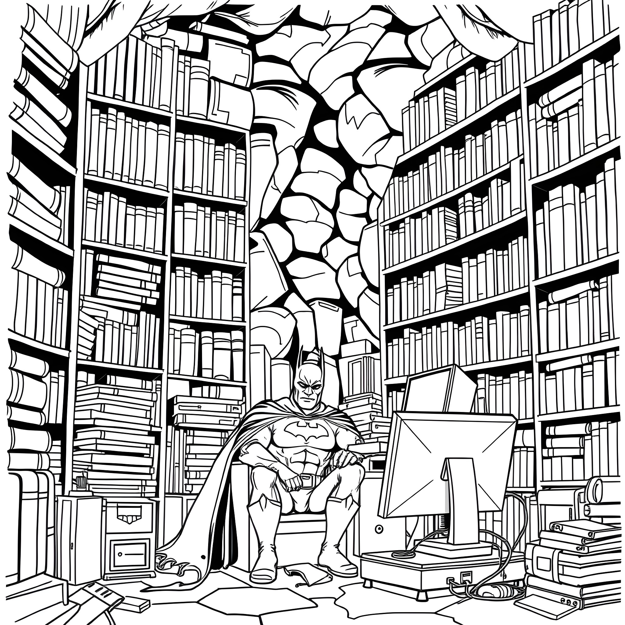 Batman studying diligently in his library Coloring Page (free black-and-white line drawing printable PDF for all, from beginners to advanced learners, including children, teens, adults, and seniors)