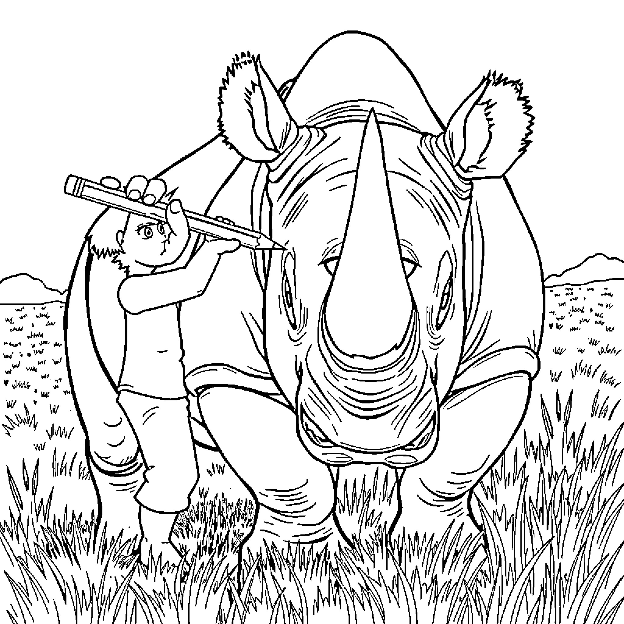 Rhino in the wild with a young explorer Coloring Page (free black-and-white line drawing printable PDF for all, from beginners to advanced learners, including children, teens, adults, and seniors)