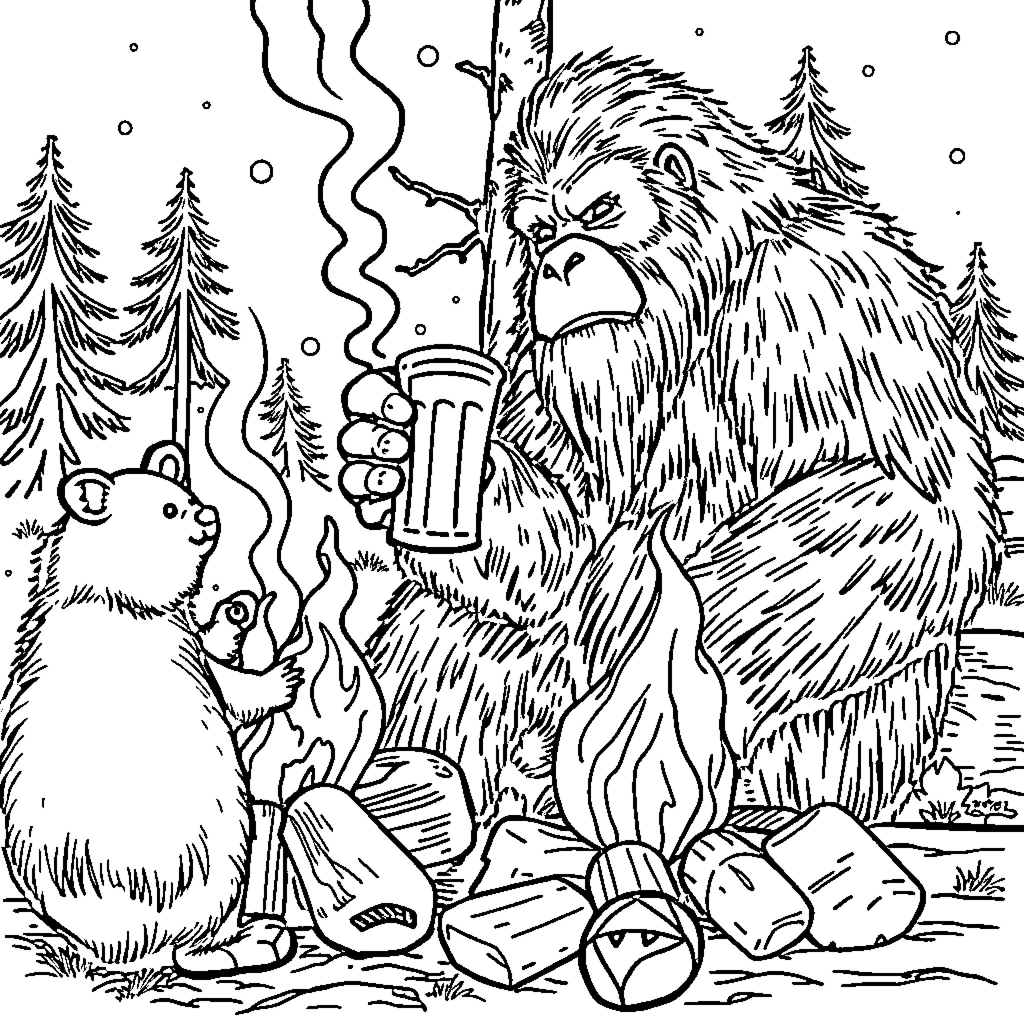 Bigfoot enjoying a campfire with woodland creatures Coloring Page (free black-and-white line drawing printable PDF for all, from beginners to advanced learners, including children, teens, adults, and seniors)