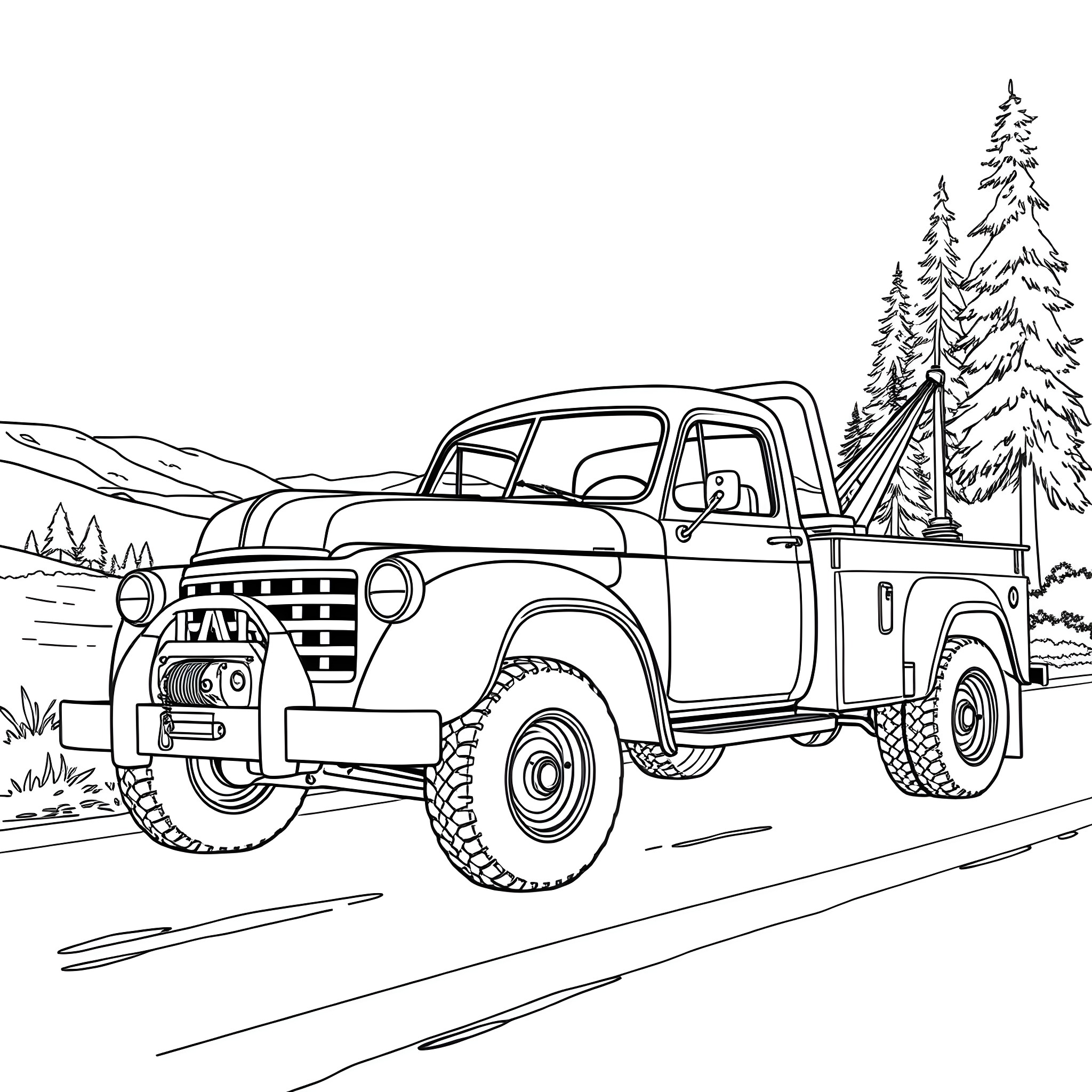 Tow Truck in Rugged Outdoor Landscape Coloring Page (free black-and-white line drawing printable PDF for all, from beginners to advanced learners, including children, teens, adults, and seniors)
