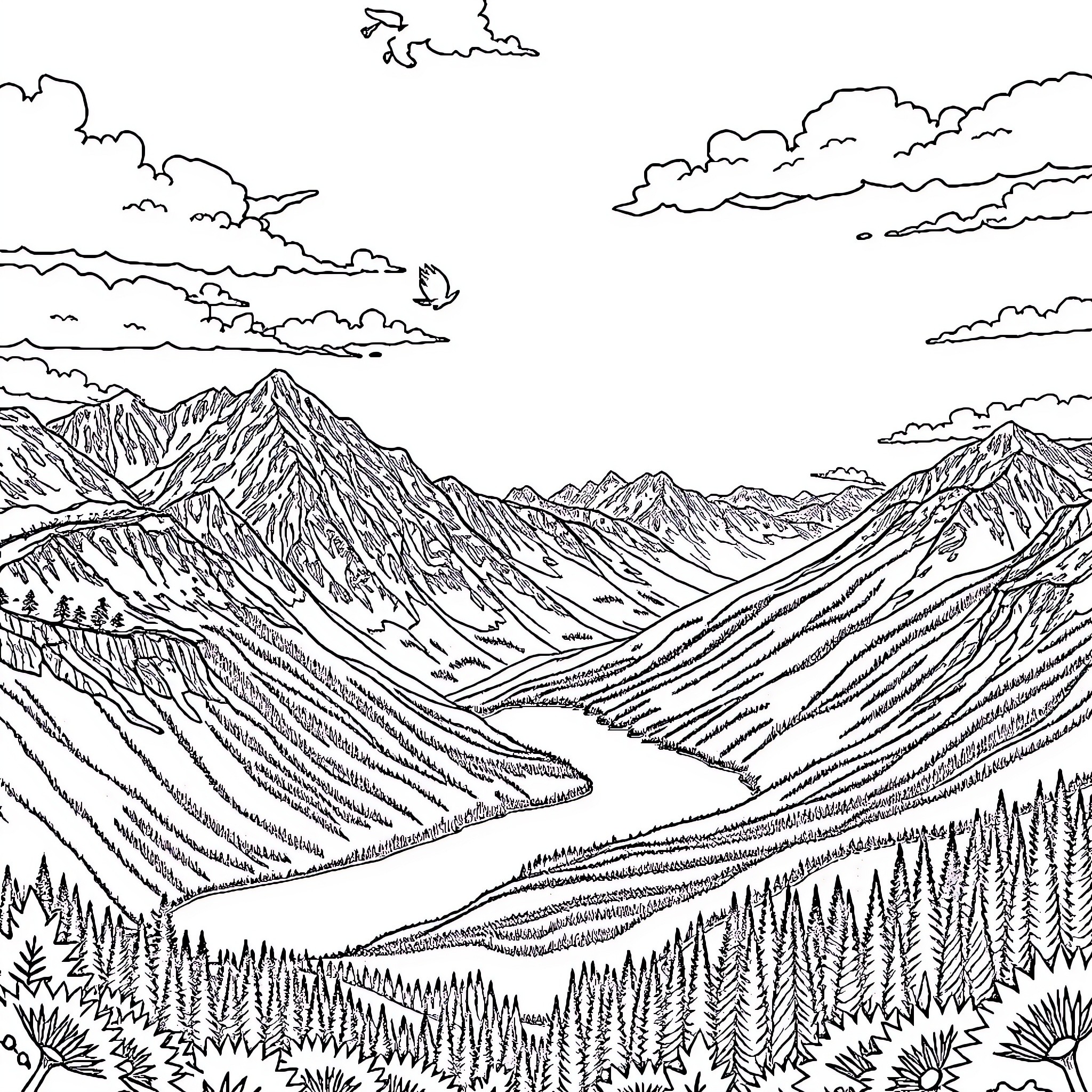 Landscape of majestic mountains and winding forest paths Coloring Page (free black-and-white line drawing printable PDF for all, from beginners to advanced learners, including children, teens, adults, and seniors)
