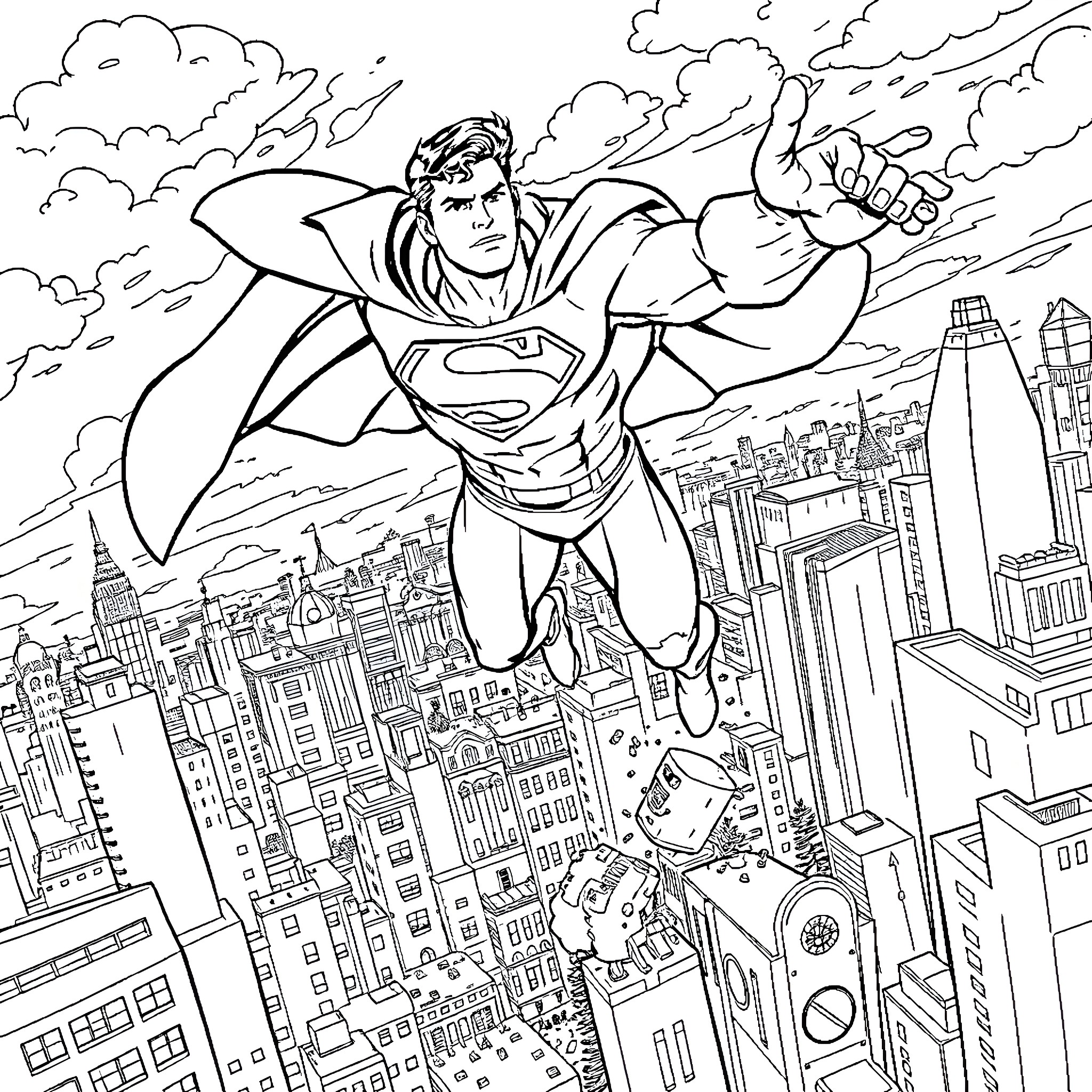 Superman taking flight over the city Coloring Page (free black-and-white line drawing printable PDF for all, from beginners to advanced learners, including children, teens, adults, and seniors)
