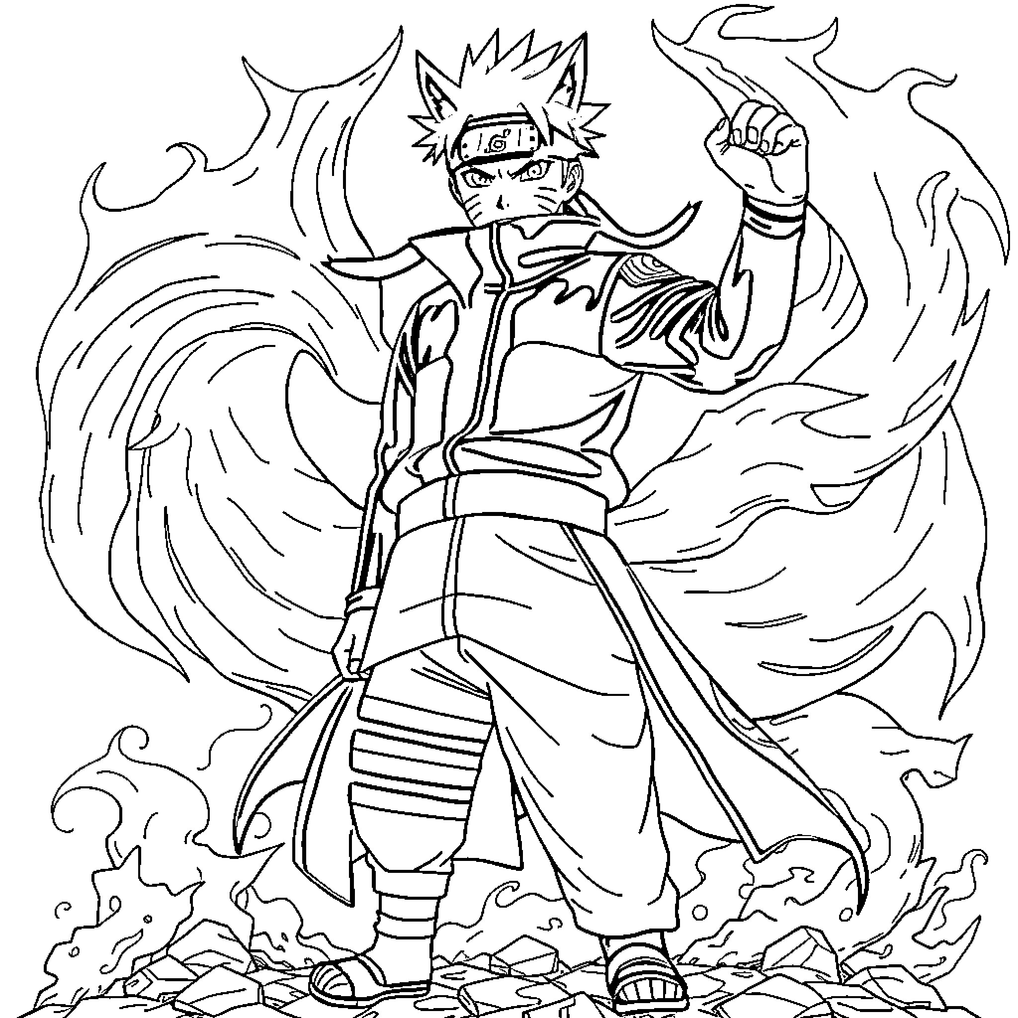 Naruto standing powerfully amidst swirling energy flames Coloring Page (free black-and-white line drawing printable PDF for all, from beginners to advanced learners, including children, teens, adults, and seniors)