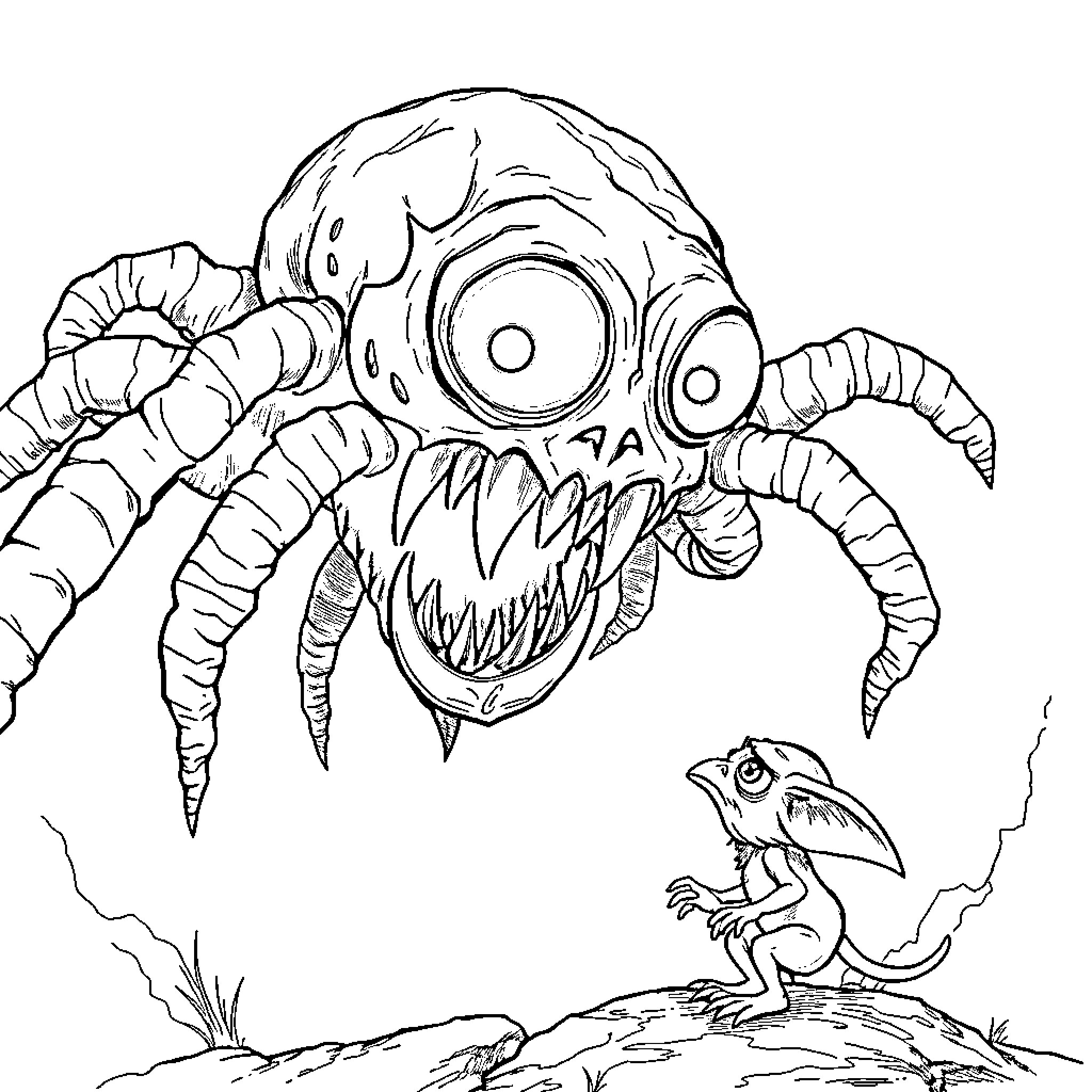 Beholder confronting a small creature in the wilderness Coloring Page (free black-and-white line drawing printable PDF for all, from beginners to advanced learners, including children, teens, adults, and seniors)