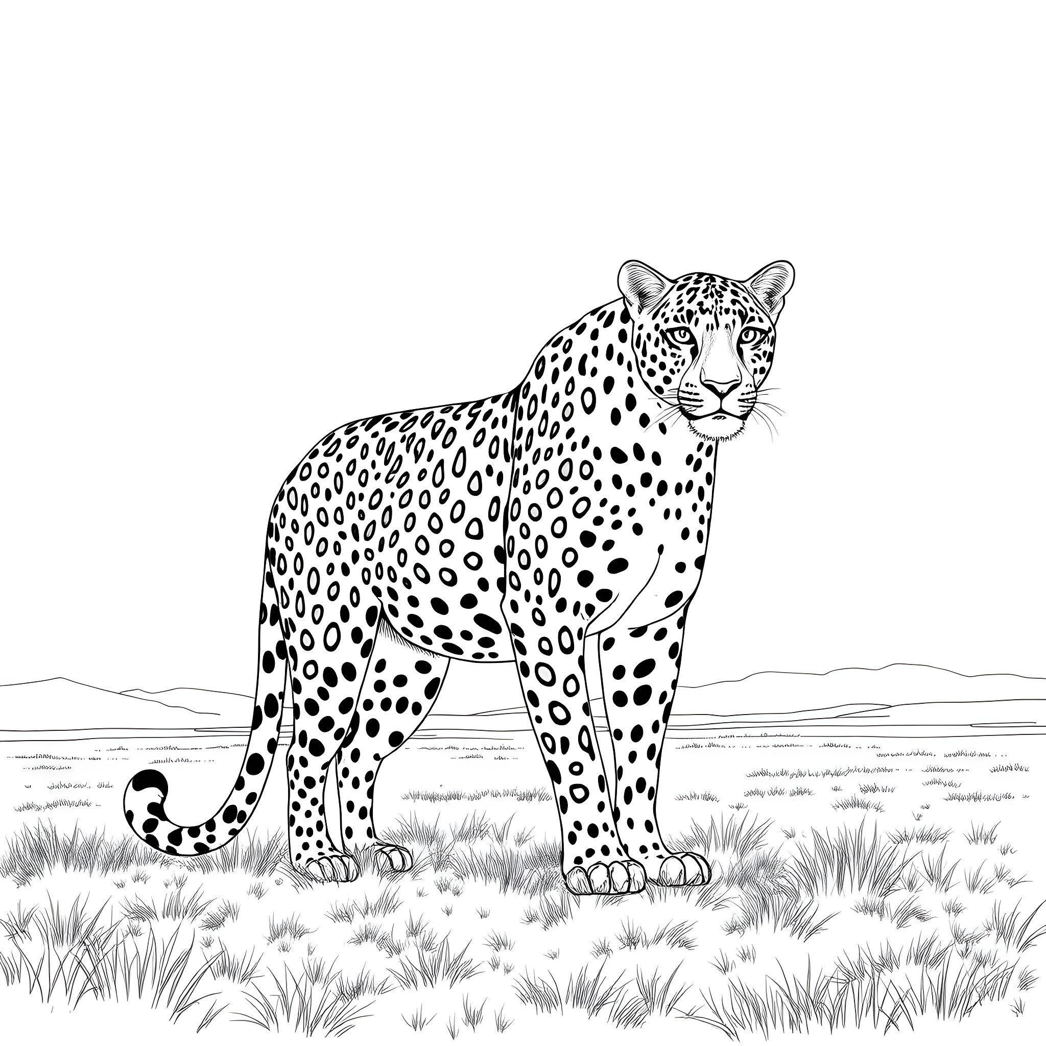 Leopard standing alert in the wild Coloring Page (free black-and-white line drawing printable PDF for all, from beginners to advanced learners, including children, teens, adults, and seniors)