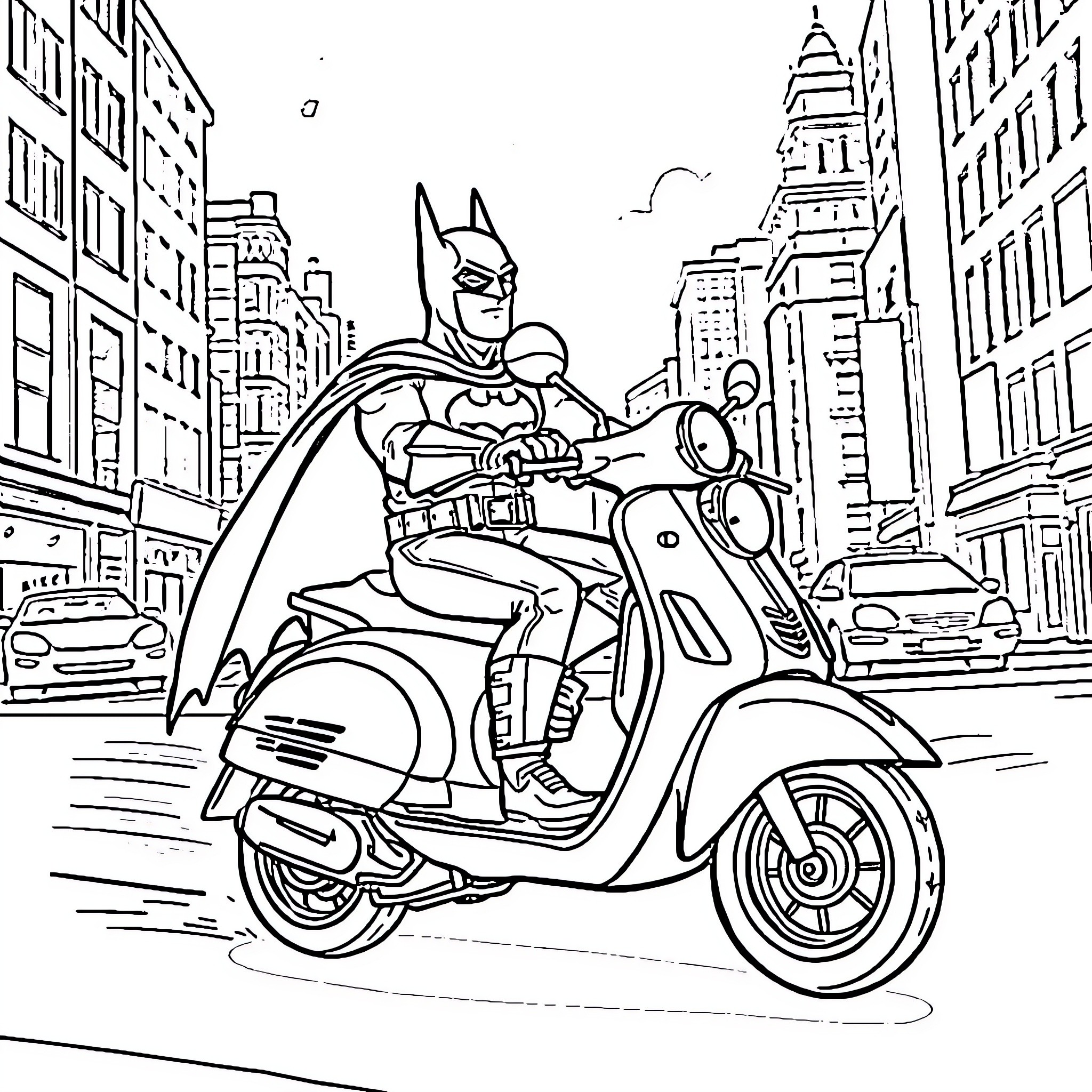 Batman speeding through the city on a scooter Coloring Page (free black-and-white line drawing printable PDF for all, from beginners to advanced learners, including children, teens, adults, and seniors)