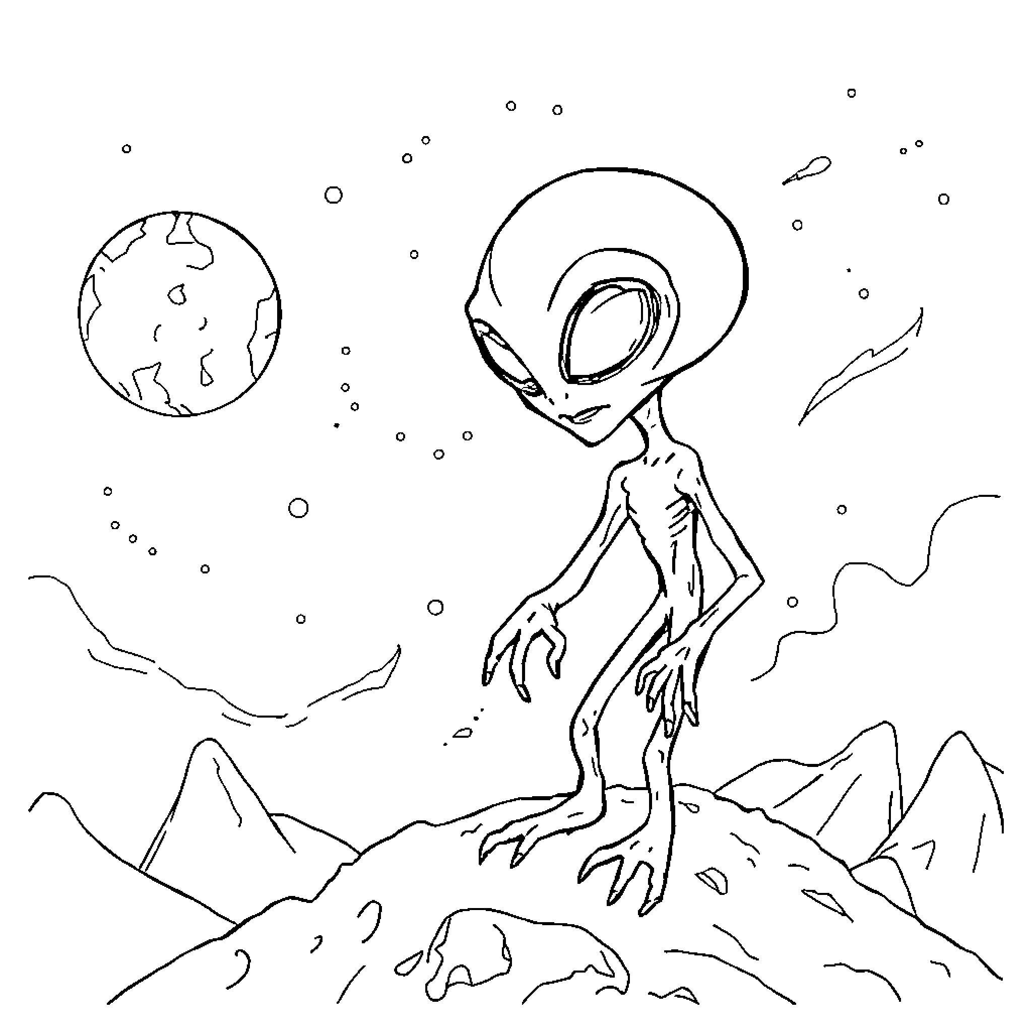 Alien exploring a strange new world Coloring Page (free black-and-white line drawing printable PDF for all, from beginners to advanced learners, including children, teens, adults, and seniors)