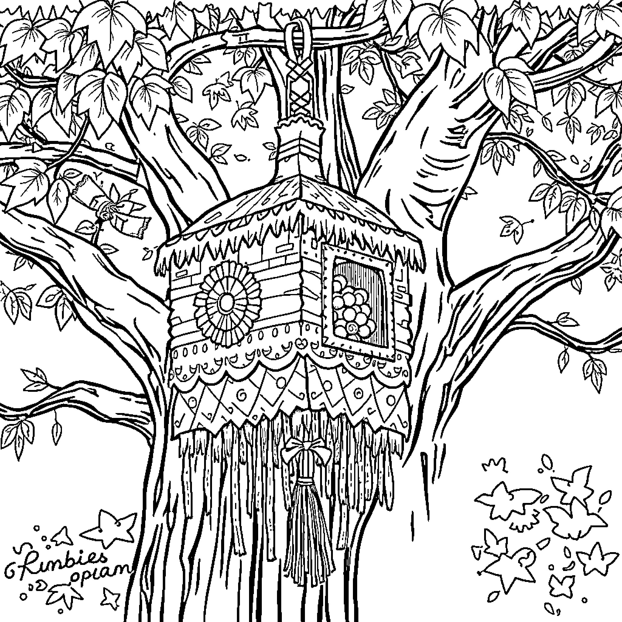 Pinata in the Enchanted Forest Coloring Page (free black-and-white line drawing printable PDF for all, from beginners to advanced learners, including children, teens, adults, and seniors)