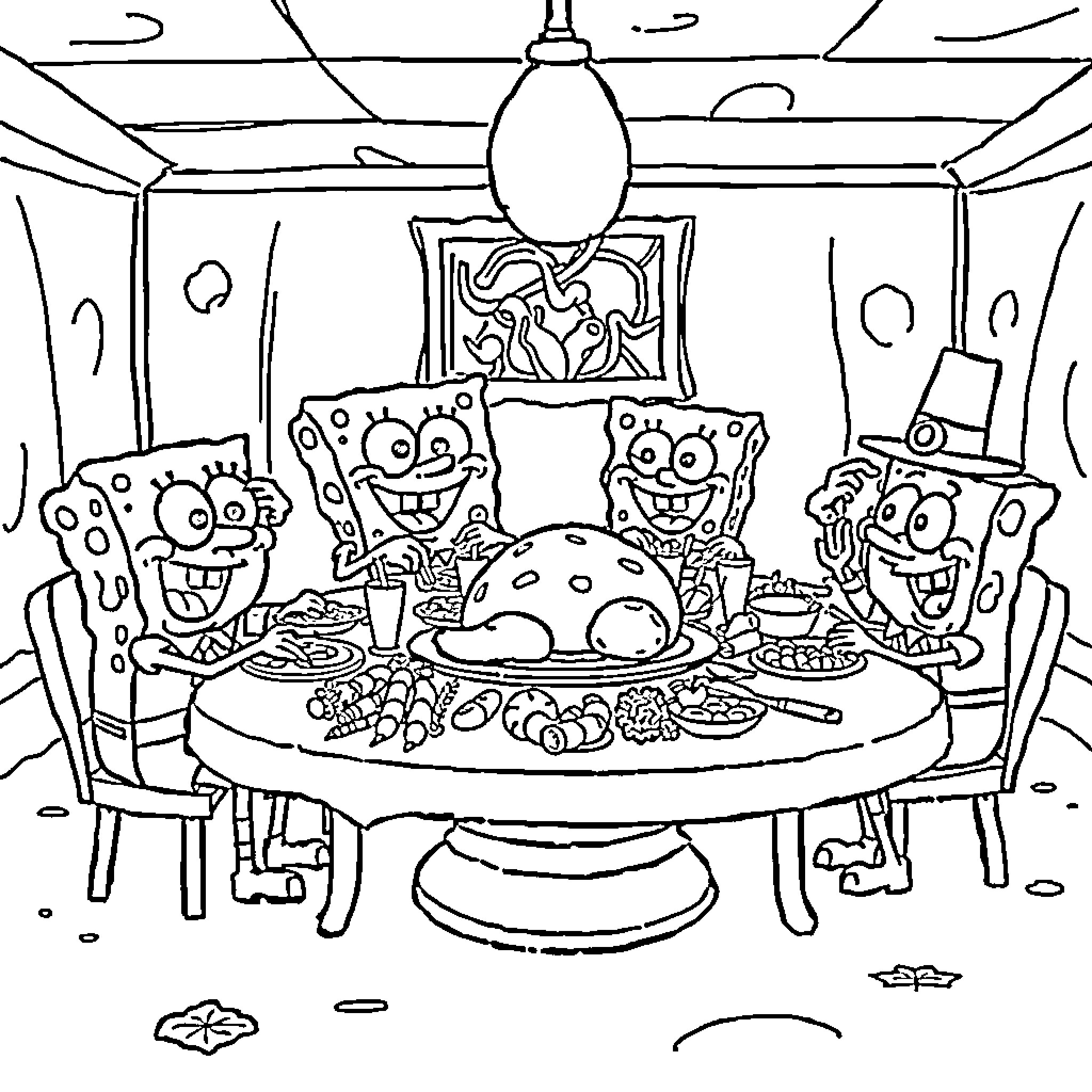 Spongebob and friends enjoying a festive meal together Coloring Page (free black-and-white line drawing printable PDF for all, from beginners to advanced learners, including children, teens, adults, and seniors)