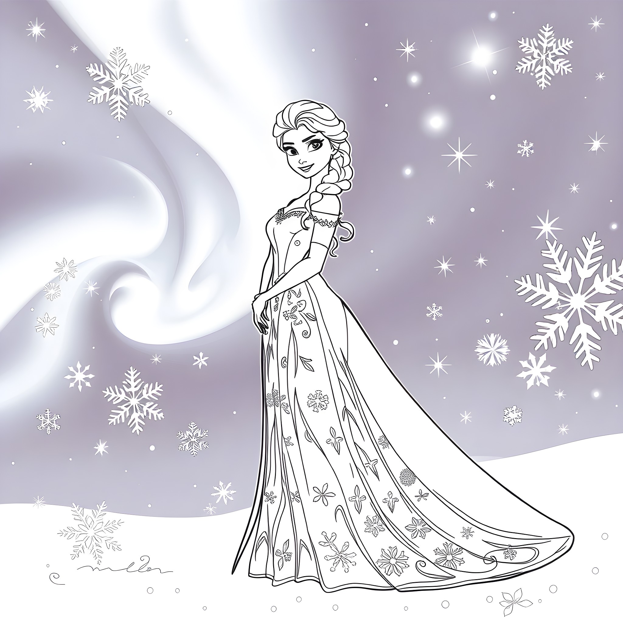 Elsa in a winter wonderland Coloring Page (free black-and-white line drawing printable PDF for all, from beginners to advanced learners, including children, teens, adults, and seniors)