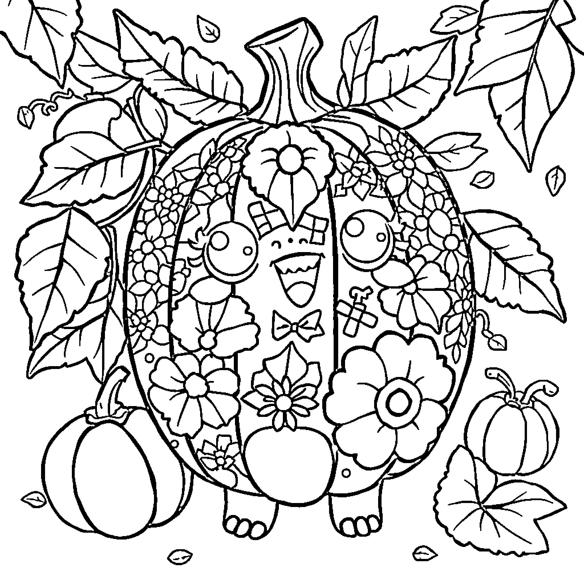 Mandalas of Whimsical Pumpkin Characters Coloring Page (free black-and-white line drawing printable PDF for all, from beginners to advanced learners, including children, teens, adults, and seniors)