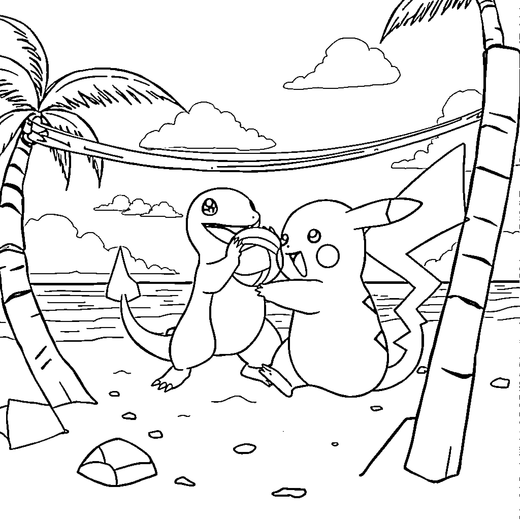 Charmander playing on a tropical beach Coloring Page (free black-and-white line drawing printable PDF for all, from beginners to advanced learners, including children, teens, adults, and seniors)