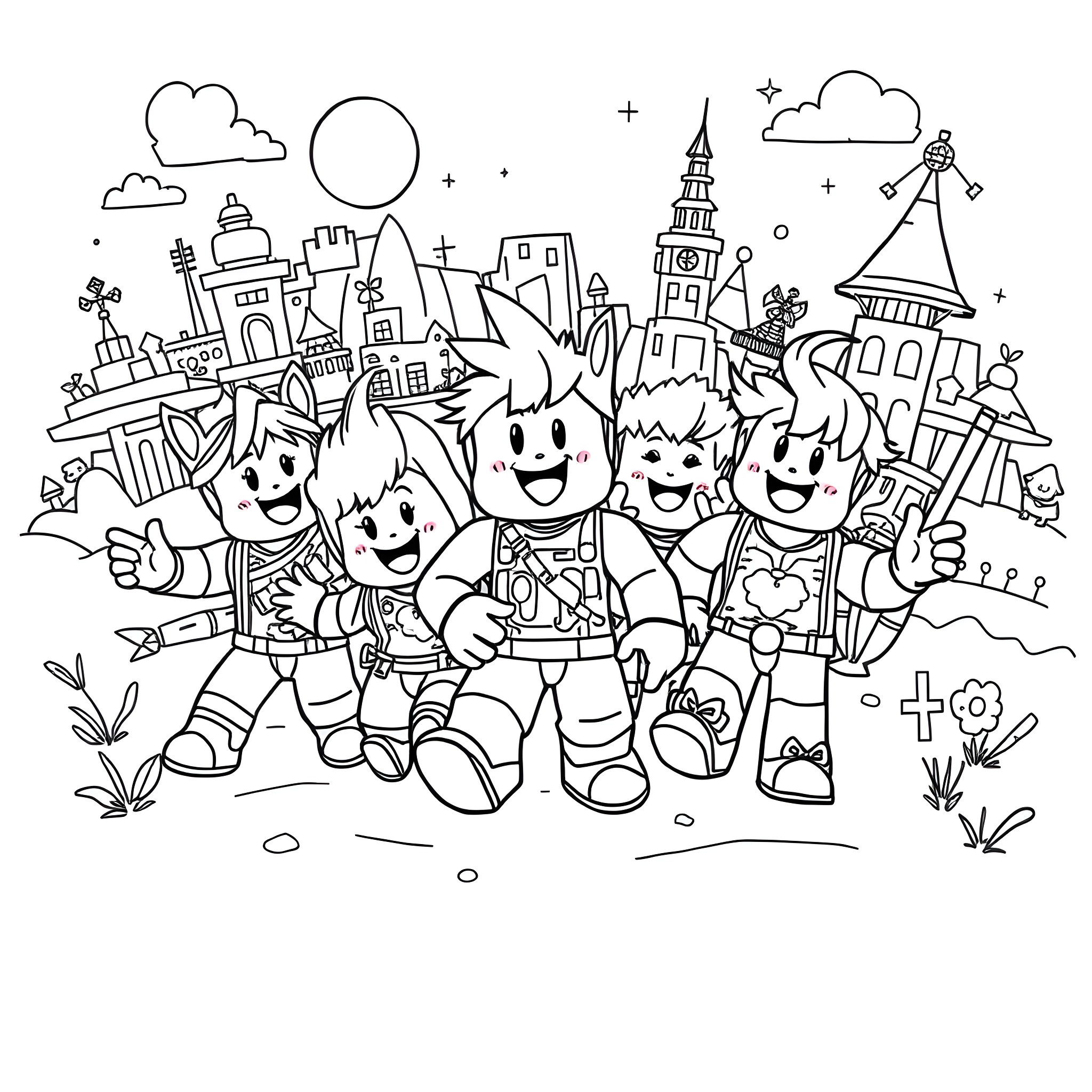 Sprunki's Fun-Filled Adventure in the Whimsical Town Coloring Page (free black-and-white line drawing printable PDF for all, from beginners to advanced learners, including children, teens, adults, and seniors)