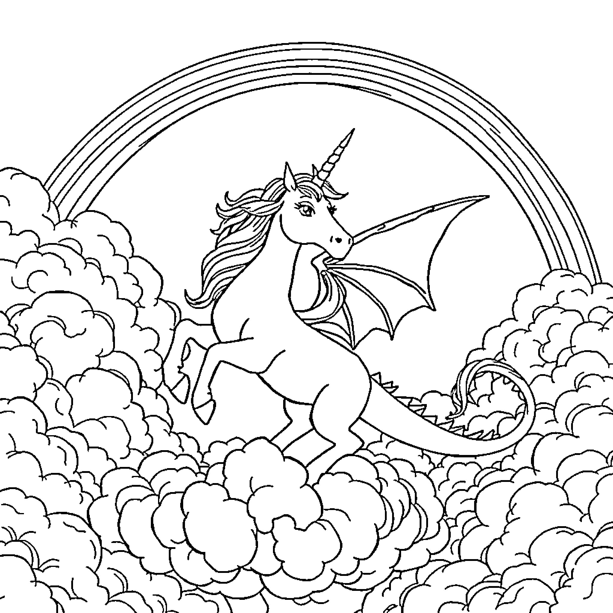 Unicorn soaring through cloudy skies with rainbow Coloring Page (free black-and-white line drawing printable PDF for all, from beginners to advanced learners, including children, teens, adults, and seniors)