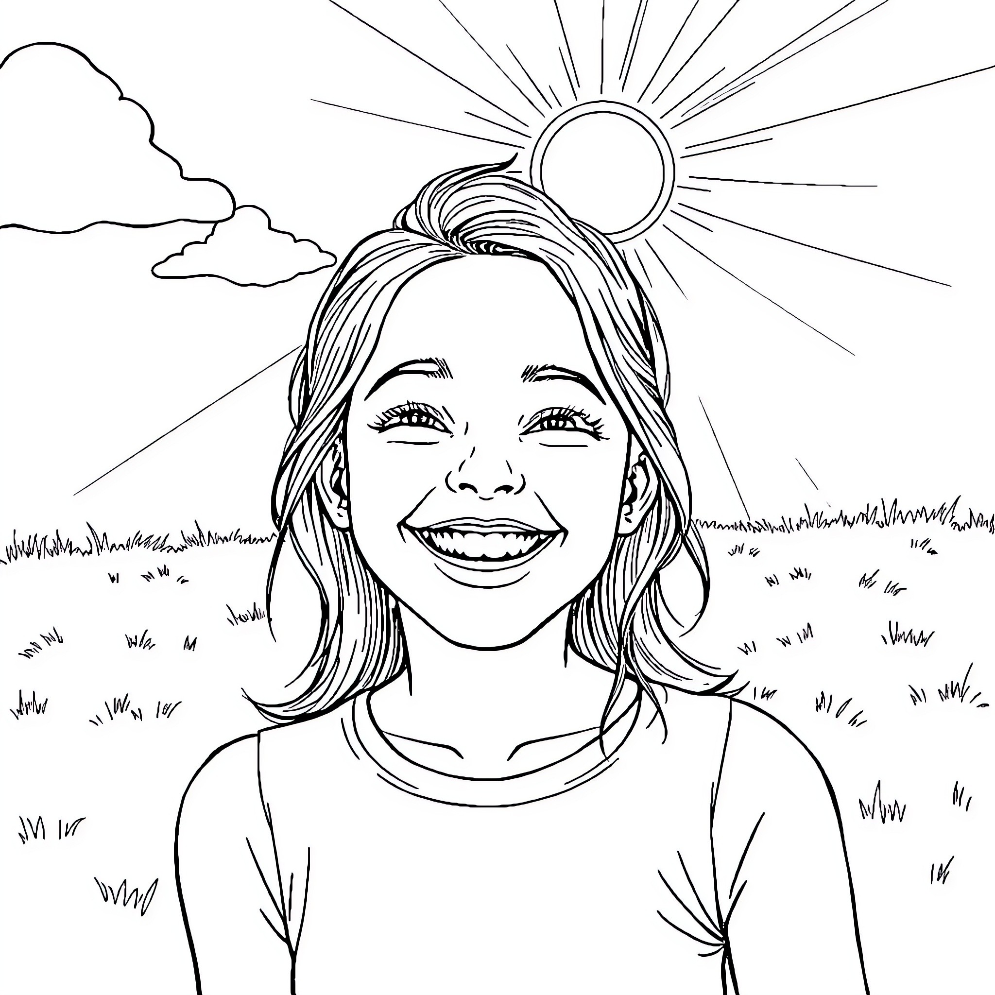 Alyssa Caroline's joyful smile on a sunny day Coloring Page (free black-and-white line drawing printable PDF for all, from beginners to advanced learners, including children, teens, adults, and seniors)