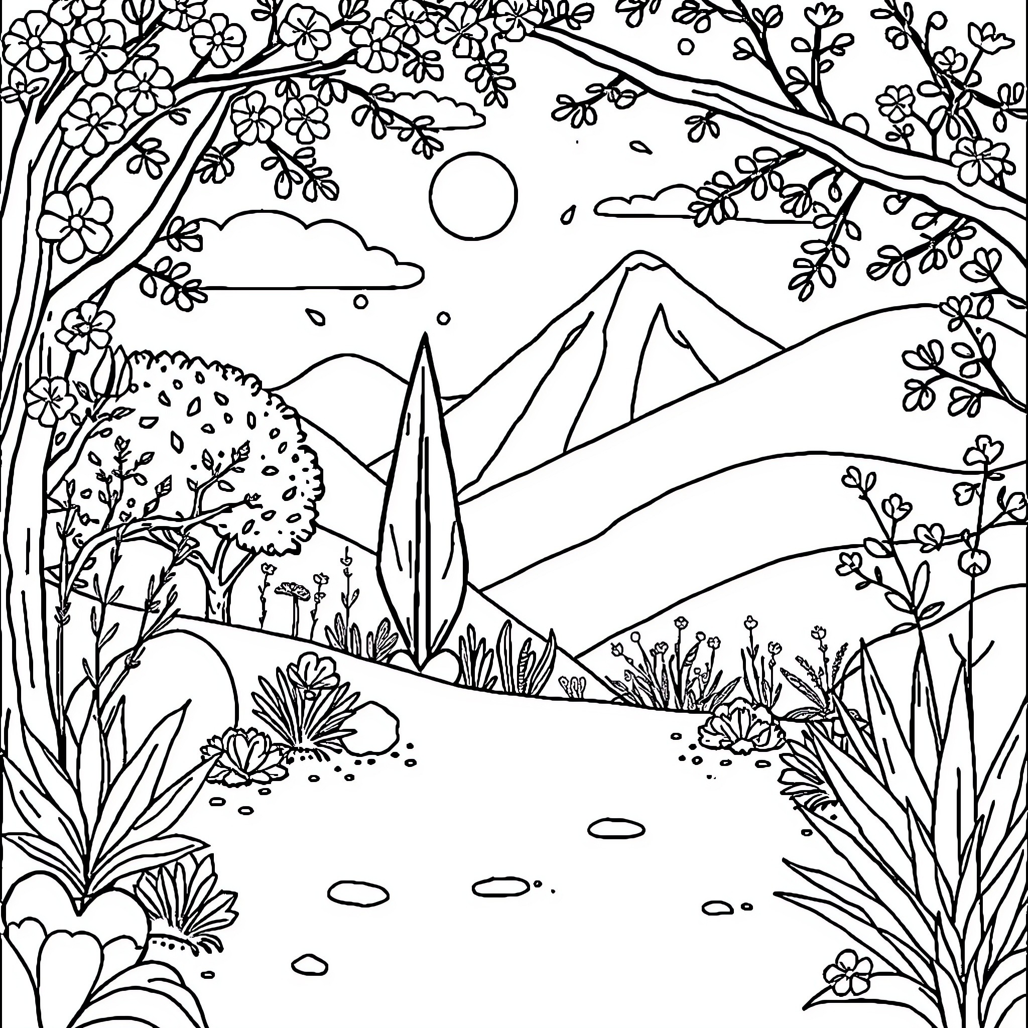 Aesthetic Nature Wonderland with Floral Elements Coloring Page (free black-and-white line drawing printable PDF for all, from beginners to advanced learners, including children, teens, adults, and seniors)