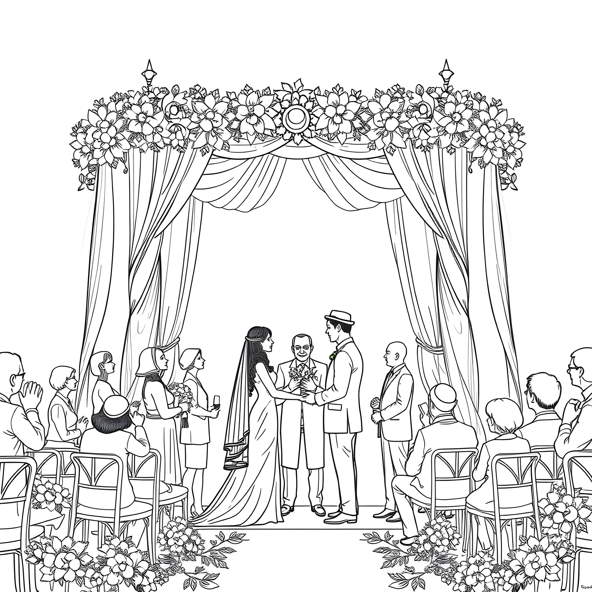 Jewish Wedding Ceremony with Floral Arch and Guests Coloring Page (free black-and-white line drawing printable PDF for all, from beginners to advanced learners, including children, teens, adults, and seniors)