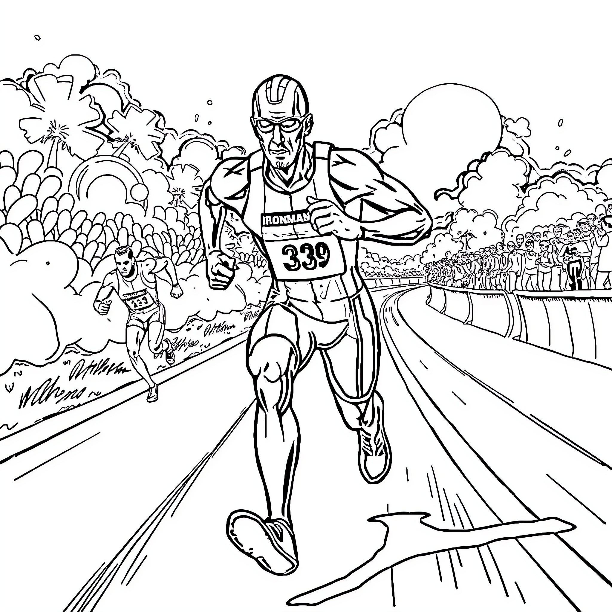 Ironman running in a competitive marathon Coloring Page (free black-and-white line drawing printable PDF for all, from beginners to advanced learners, including children, teens, adults, and seniors)