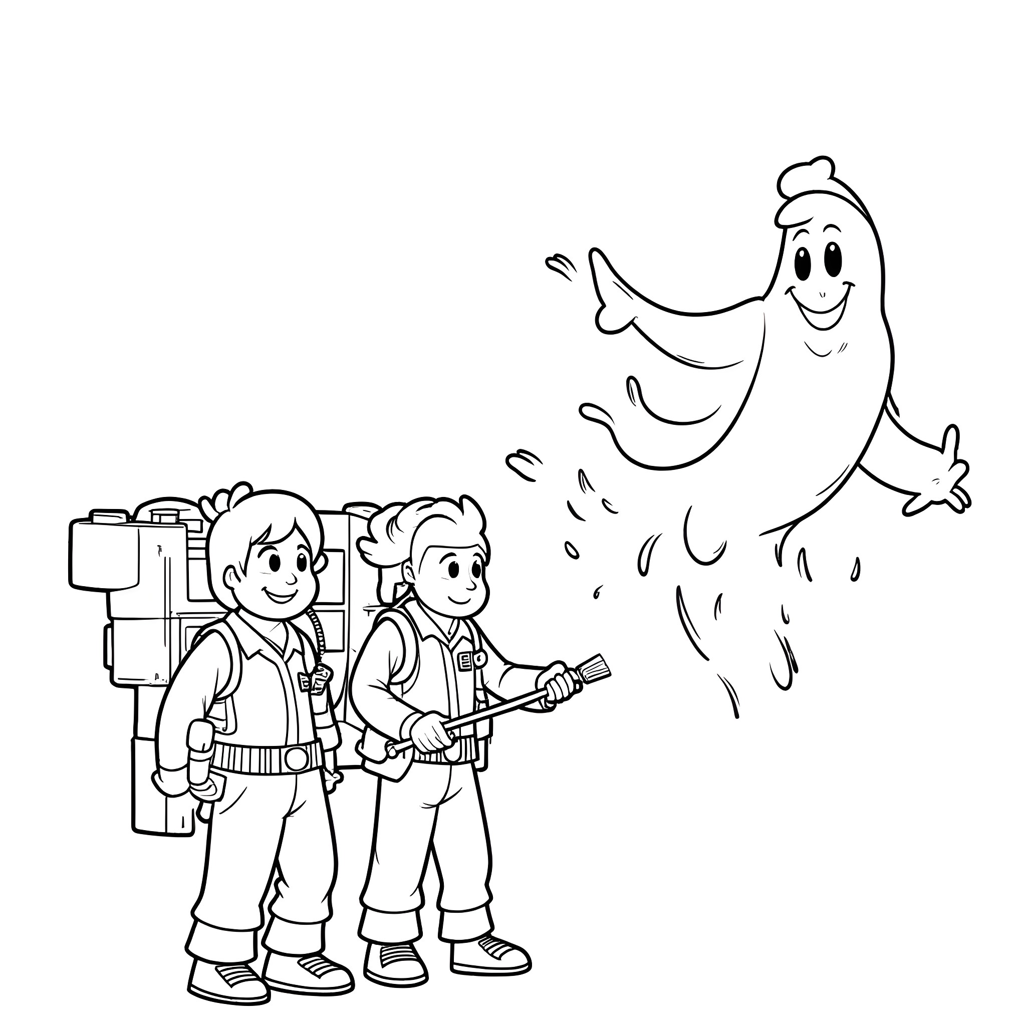 Ghostbusters hunting a friendly ghost Coloring Page (free black-and-white line drawing printable PDF for all, from beginners to advanced learners, including children, teens, adults, and seniors)