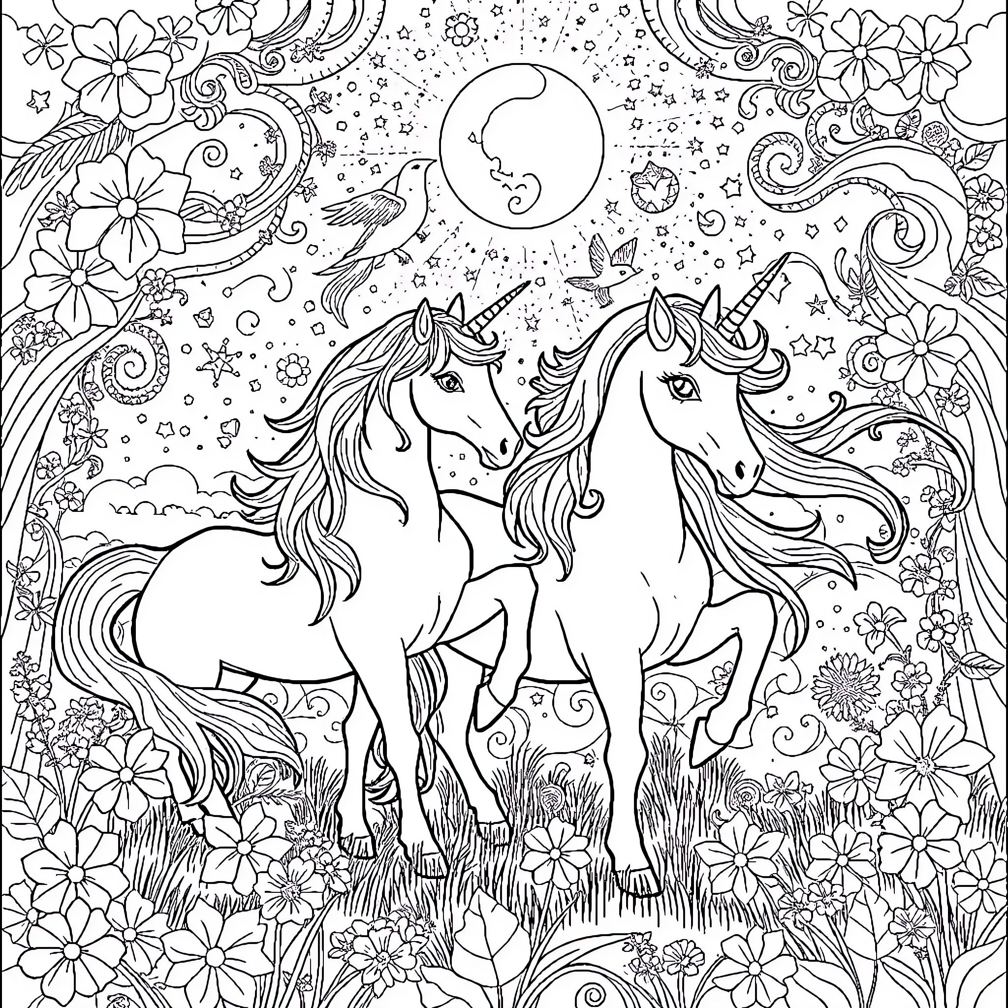 Unicorn Enchantment in the Whimsical Floral Garden Coloring Page (free black-and-white line drawing printable PDF for all, from beginners to advanced learners, including children, teens, adults, and seniors)